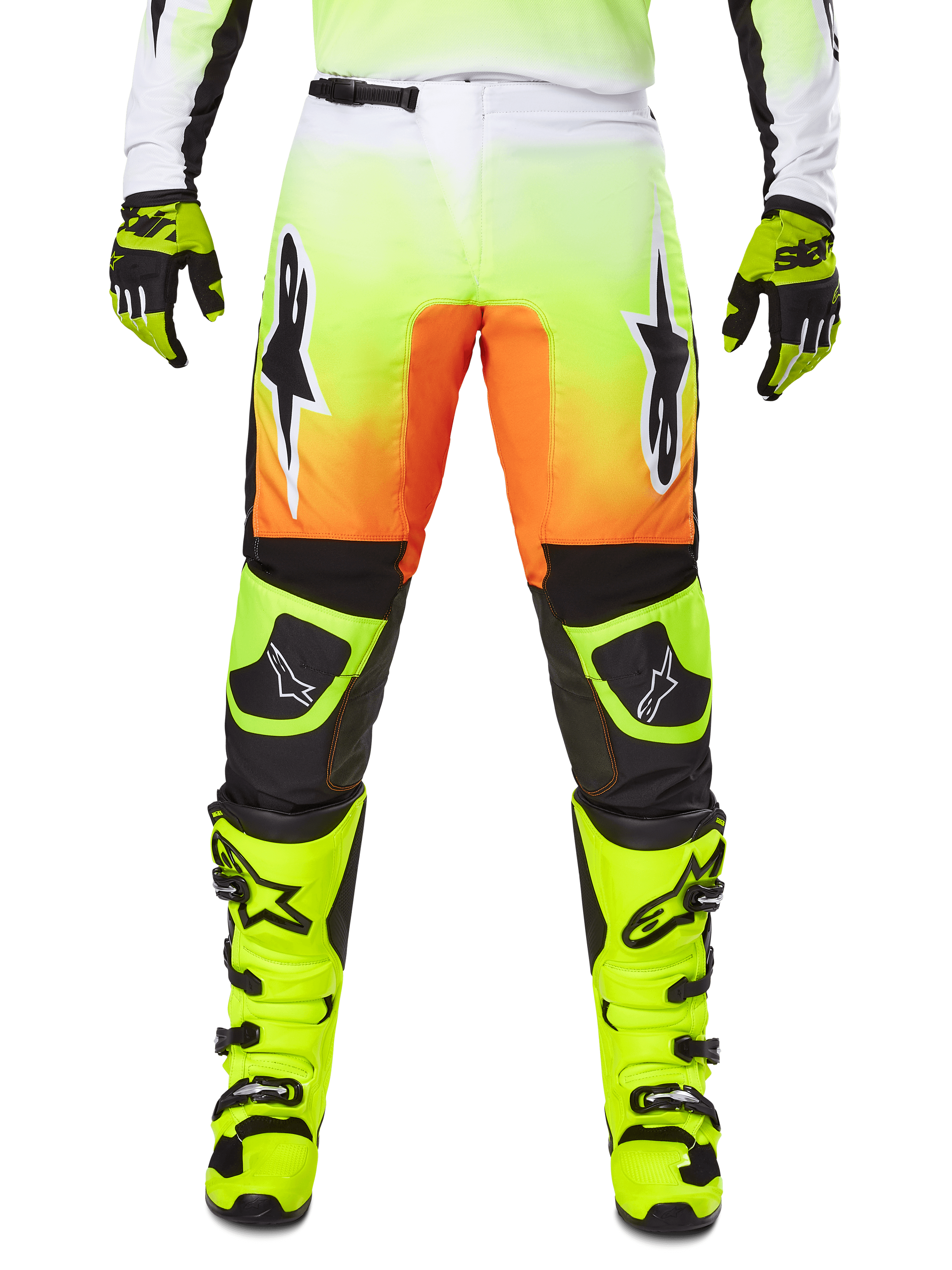 Alpinestars 2025 Fluid Wurx Pants, spodnie motocrossowe, neonowy żółty i pomarańczowy, czarno-białe logo gwiazdy, smukły wyścigowy design z czarnymi sekcjami na kolanach, zestawione z pasującymi butami i rękawicami w kolorze neonowym żółtym
