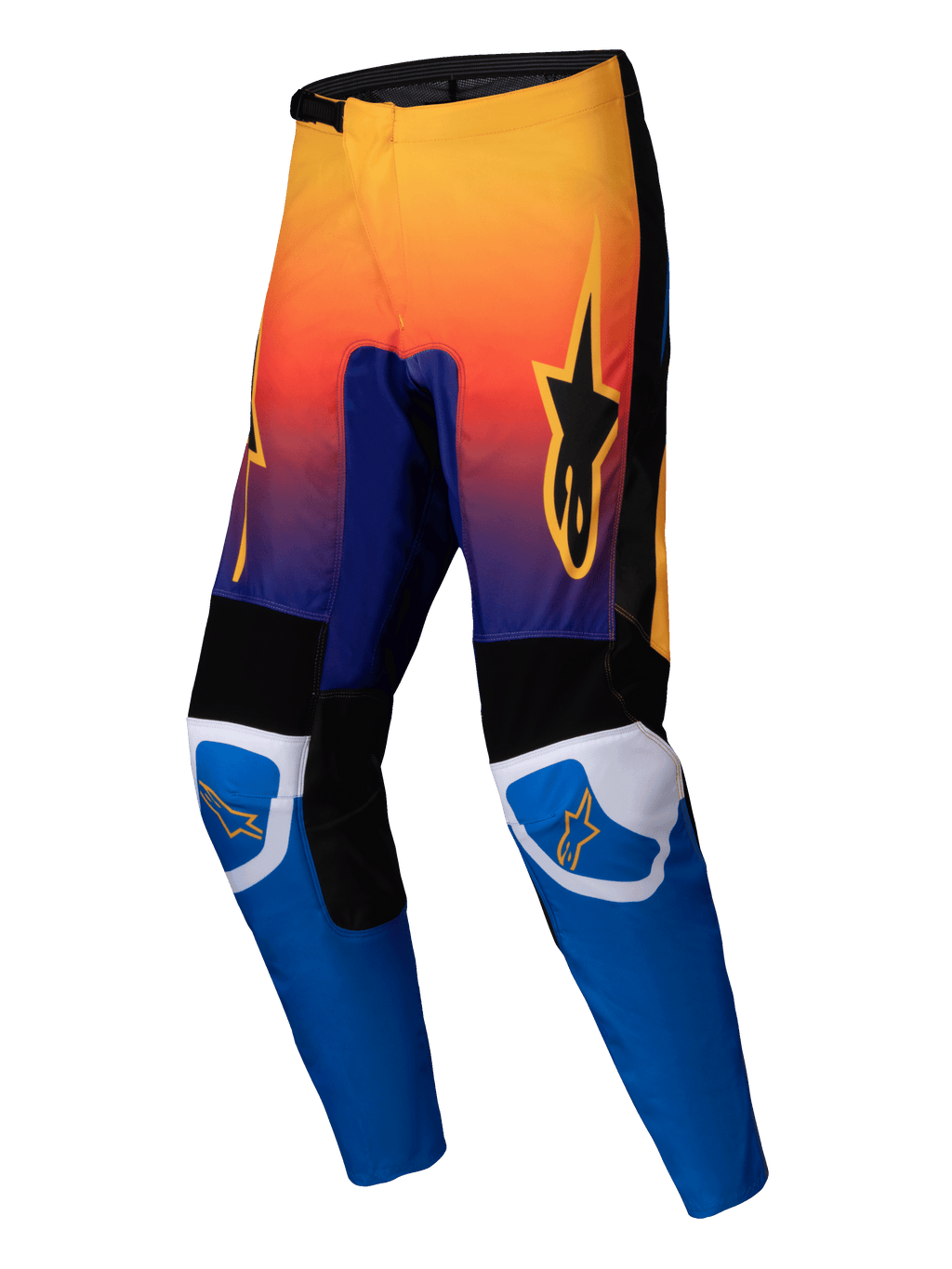 Alpinestars Fluid Wurx Pants 2025, spodnie motocrossowe, wielokolorowe z gradientem od pomarańczowego do fioletowego w górnej części i jasnoniebieskim dołem nogawek, czarne i białe wzmocnione panele, pomarańczowe logo gwiazdy na udach i kolanach, wytrzymała konstrukcja do wyścigów terenowych
