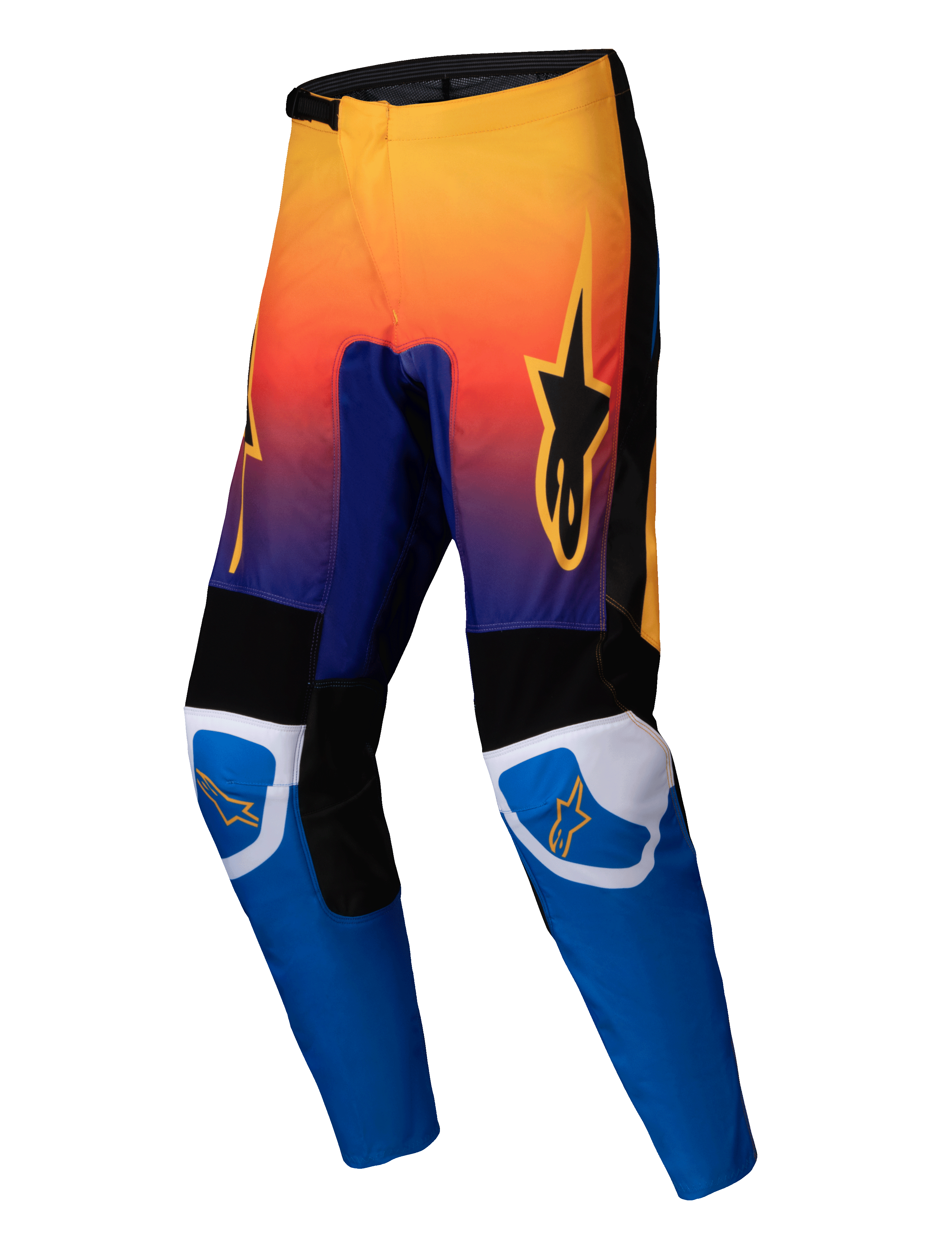 Alpinestars Fluid Wurx Pants 2025, spodnie motocrossowe, wielokolorowe z gradientem od pomarańczowego do fioletowego w górnej części i jasnoniebieskim dołem nogawek, czarne i białe wzmocnione panele, pomarańczowe logo gwiazdy na udach i kolanach, wytrzymała konstrukcja do wyścigów terenowych