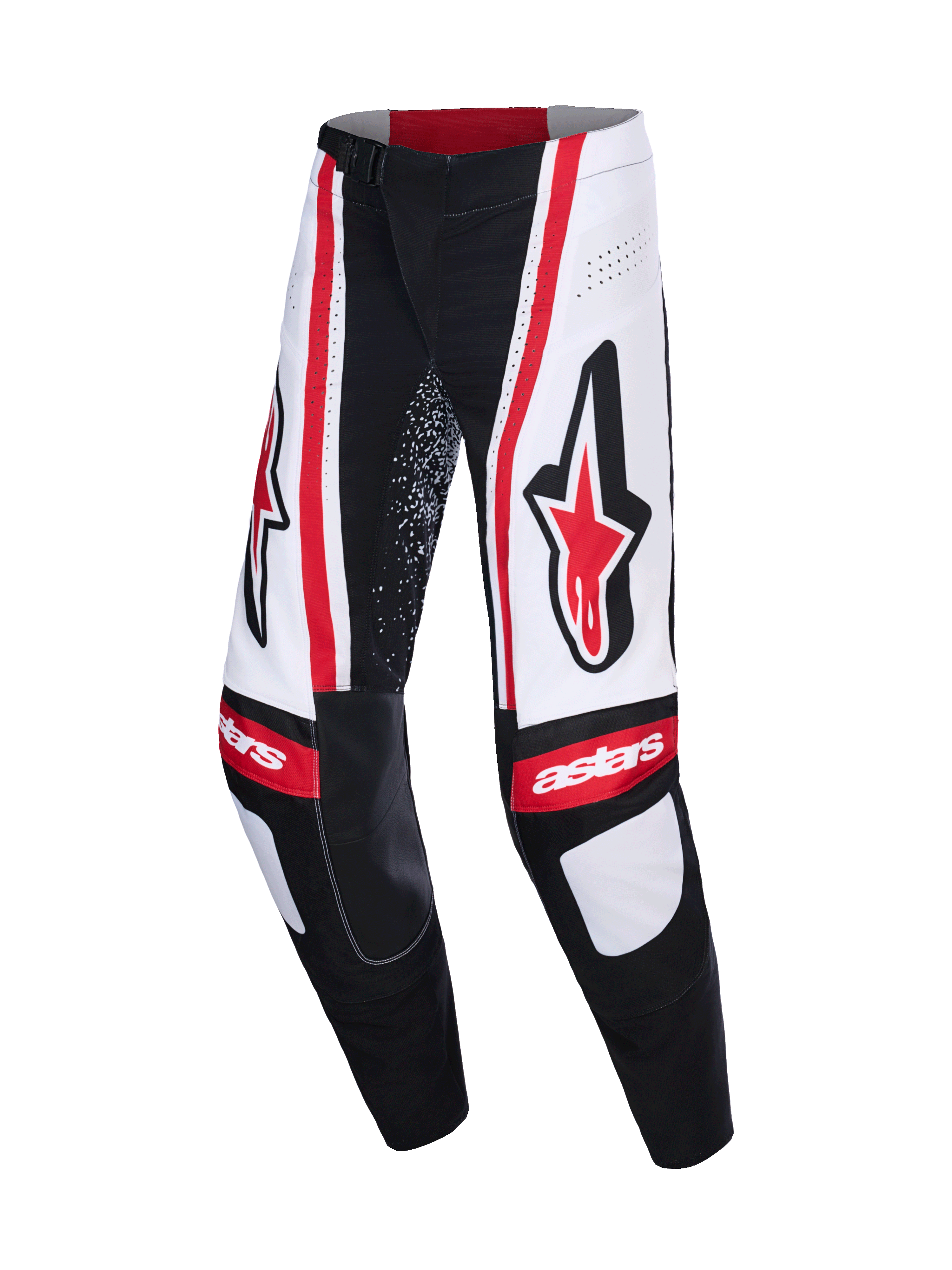 Alpinestars 2026 Techstar Nomur Pants, spodnie motocrossowe, czarno-biało-czerwone, duże czerwone logo Astars na udach, białe panele z pionowymi czerwonymi pasami, napis „astars” na kolanach