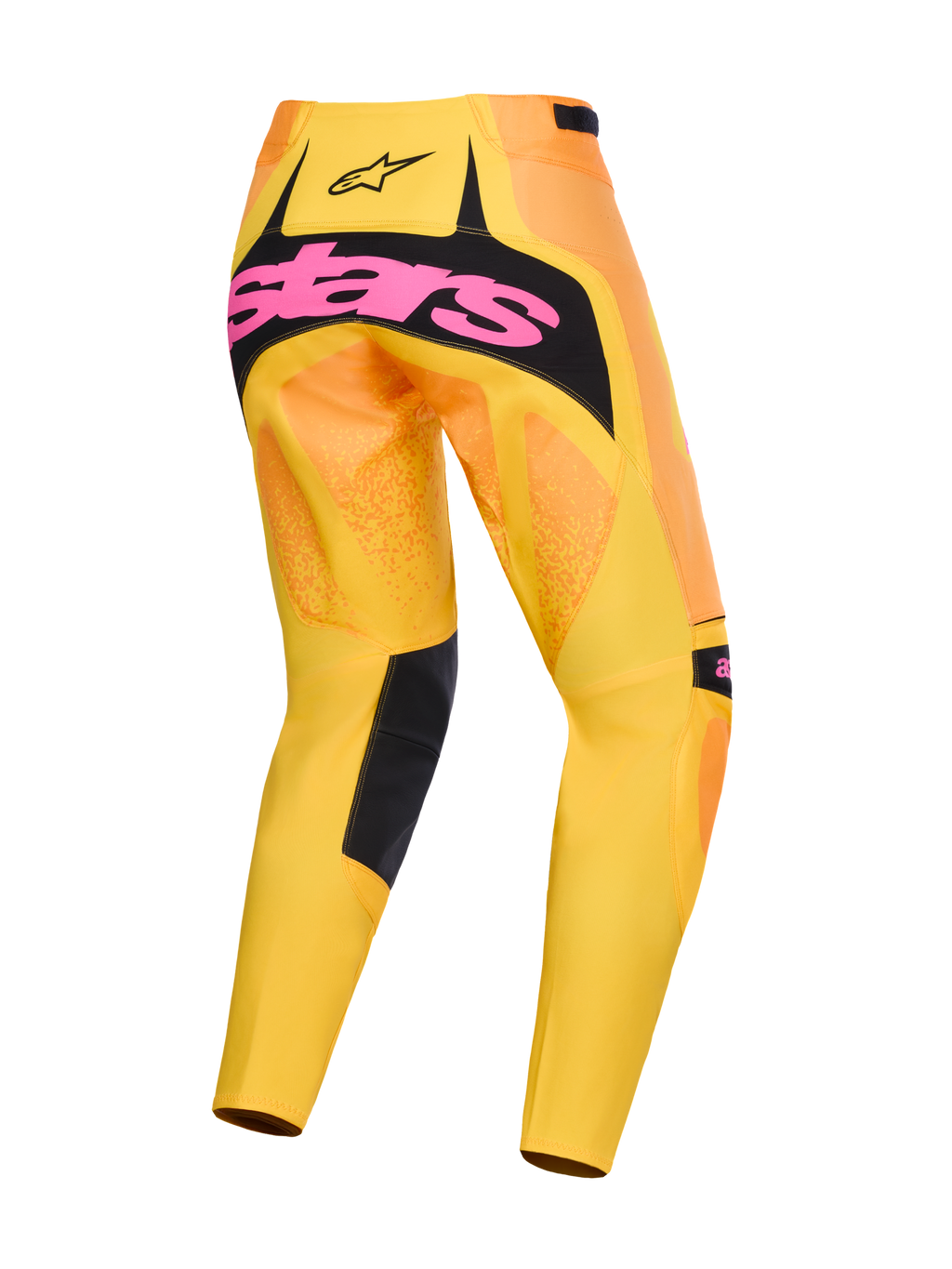 Alpinestars 2026 Techstar Nomur Pants, spodnie motocrossowe, pomarańczowo-żółto-różowe, widok z tyłu z dużym różowym logo na czarnym panelu siedzenia, żywy żółto-pomarańczowy gradient z czarnymi akcentami na wewnętrznej stronie nogawek, wyczynowa odzież do wyścigów off-road