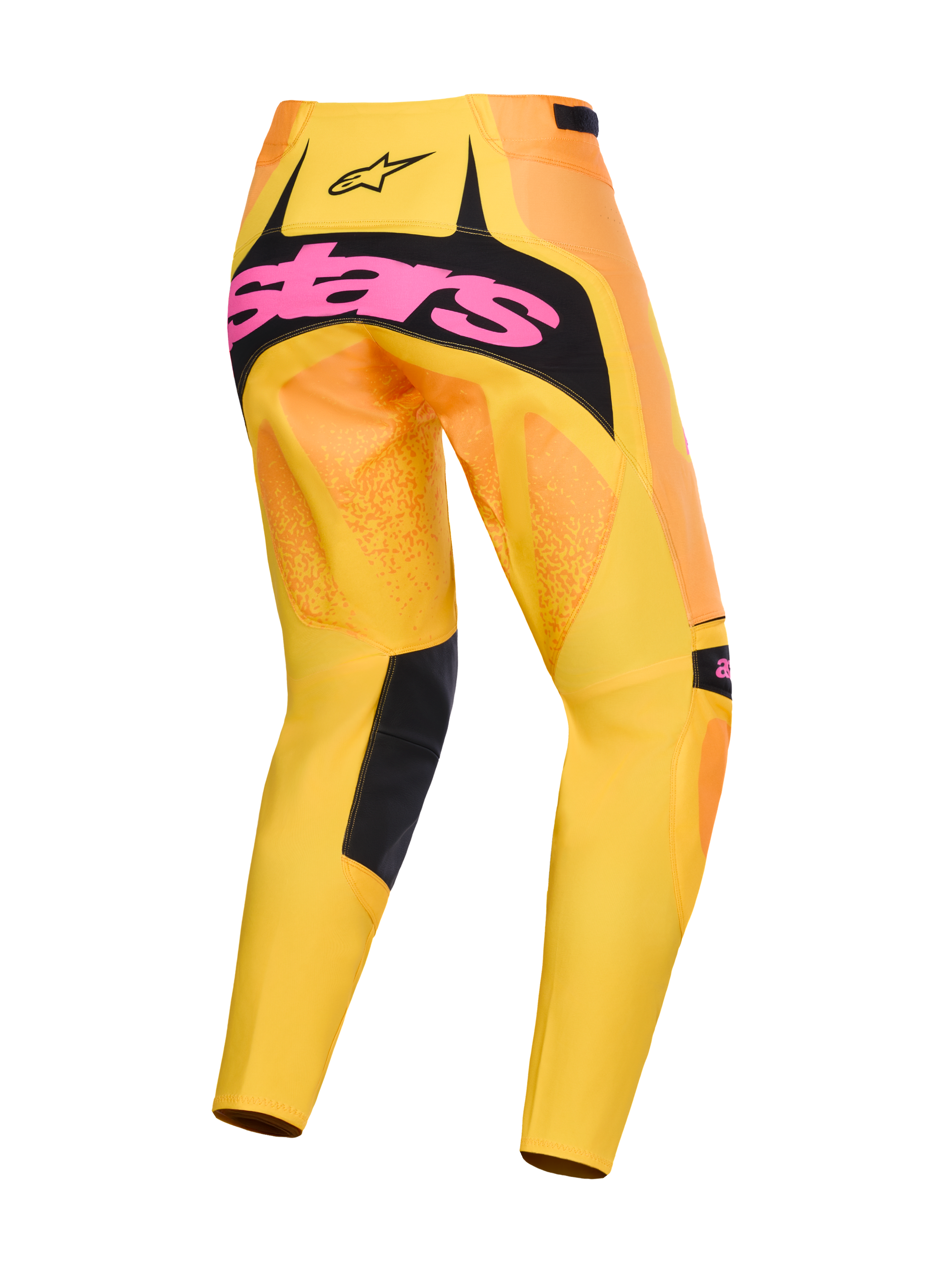 Alpinestars 2026 Techstar Nomur Pants, spodnie motocrossowe, pomarańczowo-żółto-różowe, widok z tyłu z dużym różowym logo na czarnym panelu siedzenia, żywy żółto-pomarańczowy gradient z czarnymi akcentami na wewnętrznej stronie nogawek, wyczynowa odzież do wyścigów off-road