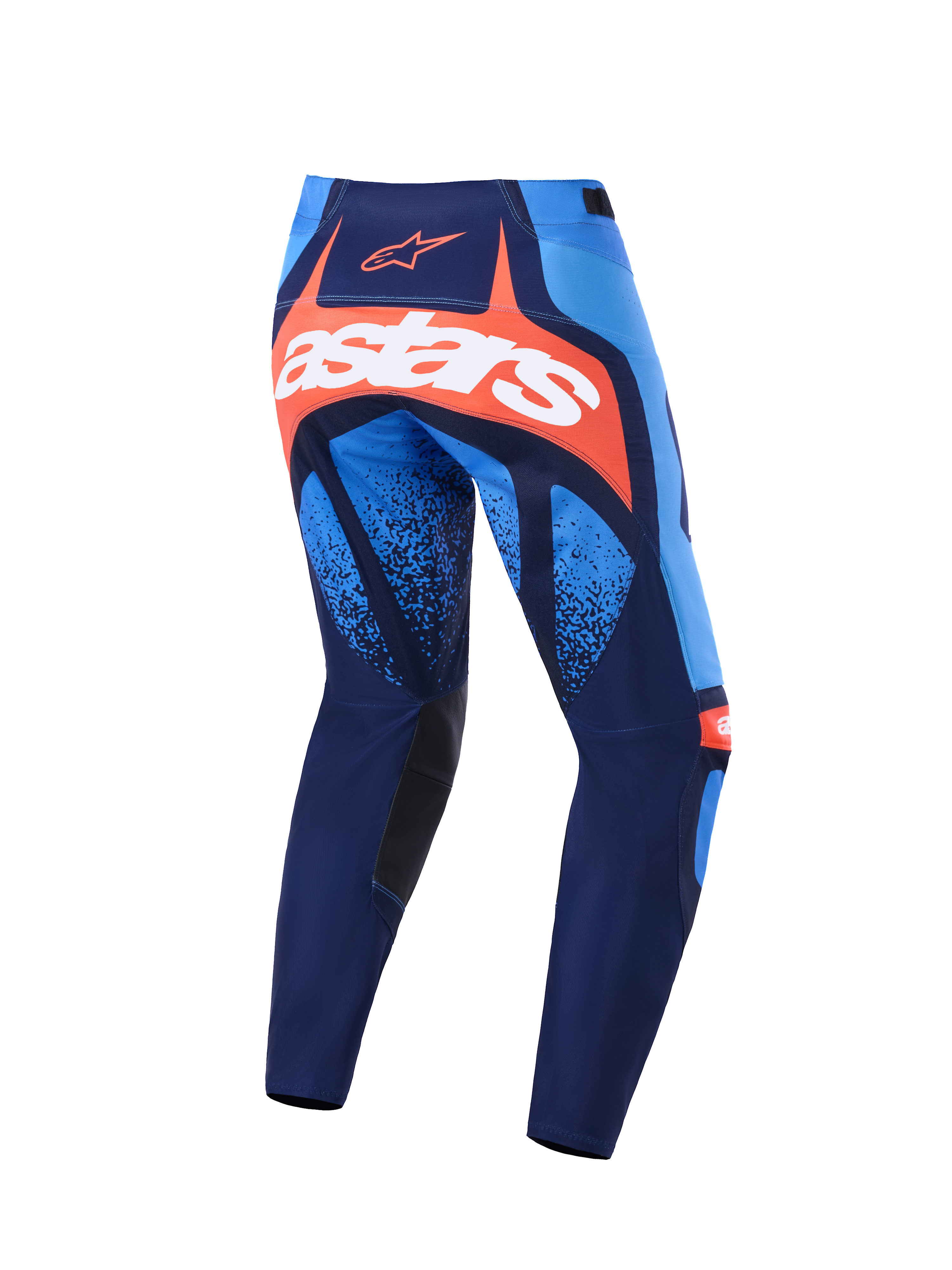 Alpinestars Techstar Nomur 2026, spodnie motocrossowe, ciemnogranatowe, pomarańczowe i jasnoniebieskie, widok z tyłu z wyraźnym białym logo astars na pomarańczowym panelu, wielopanelowa konstrukcja z jasnoniebieskimi akcentami, czarne wewnętrzne panele na kolanach, wytrzymała odzież do wyścigów terenowych