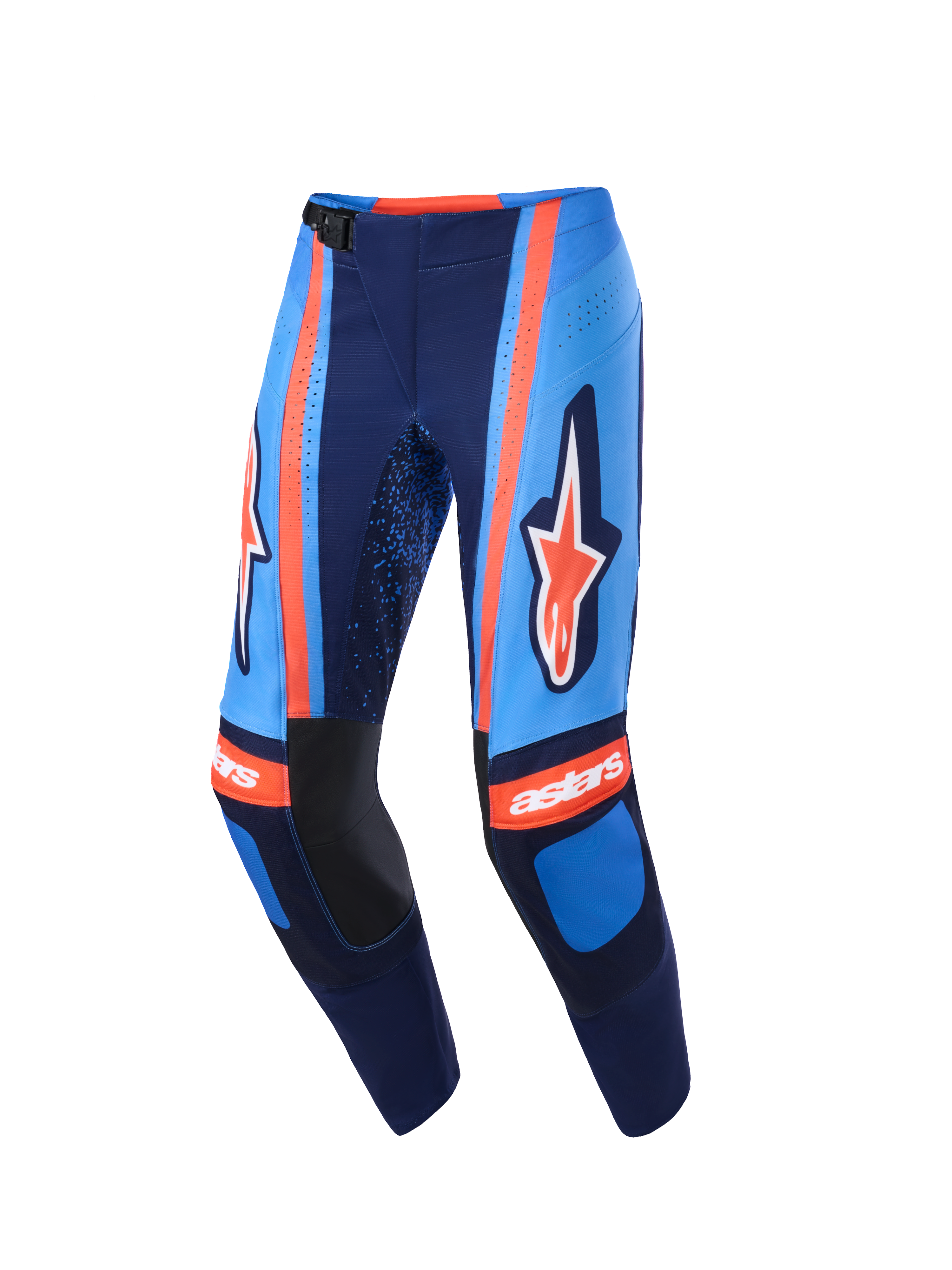 Alpinestars 2026 Techstar Nomur Pants, spodnie motocrossowe, ciemnogranatowe, pomarańczowe i błękitne, z wyraźnym logo Alpinestars na udach, logo „astars” na kolanach, magnetyczną klamrą w pasie i laserowo wycinanymi perforacjami dla lepszej wentylacji, profesjonalna odzież off-road