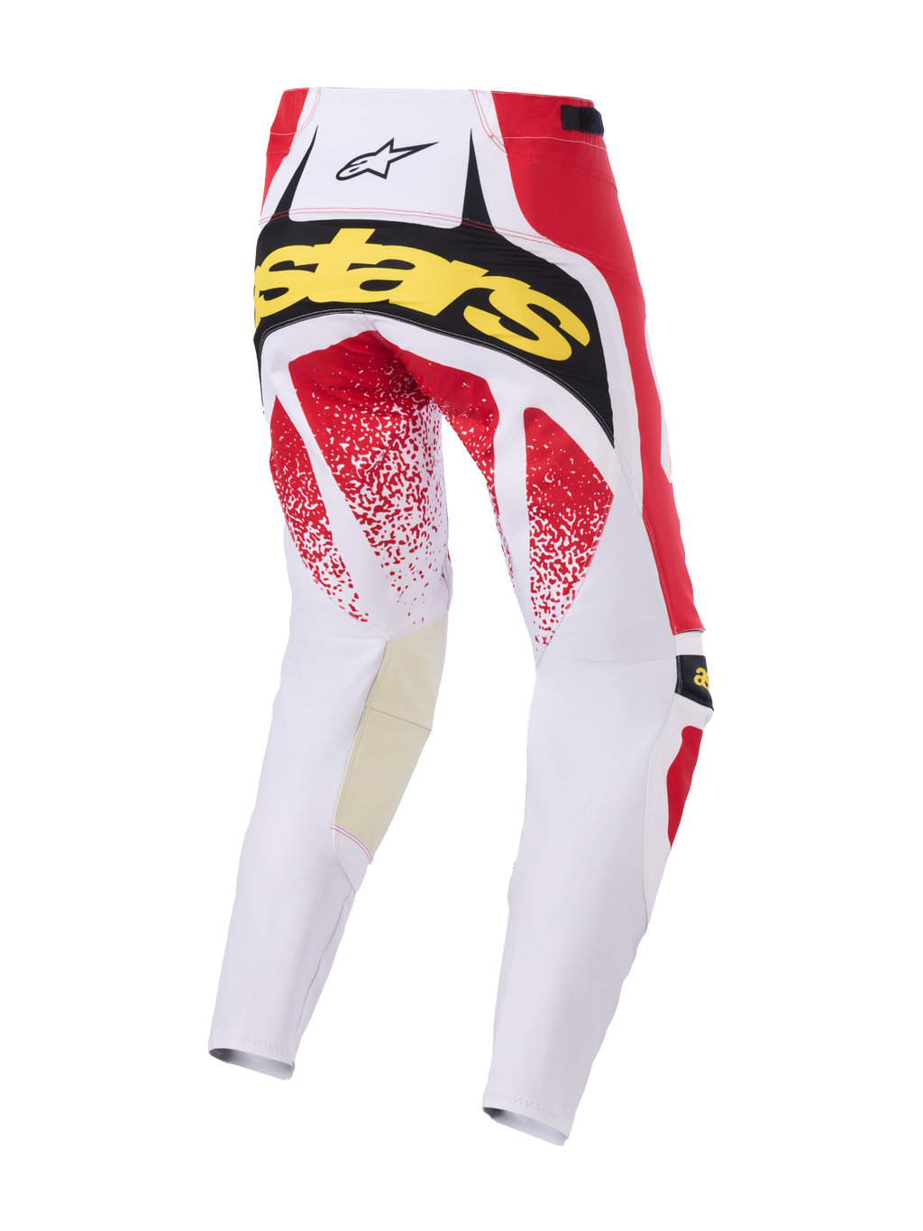 Alpinestars Techstar Nomur Pants 2026, spodnie motocrossowe, biało-czerwono-czarne, widok z tyłu z żółtym brandingiem „Stars” i czerwoną nakrapianą grafiką, trwała wielopanelowa konstrukcja do jazdy off-road
