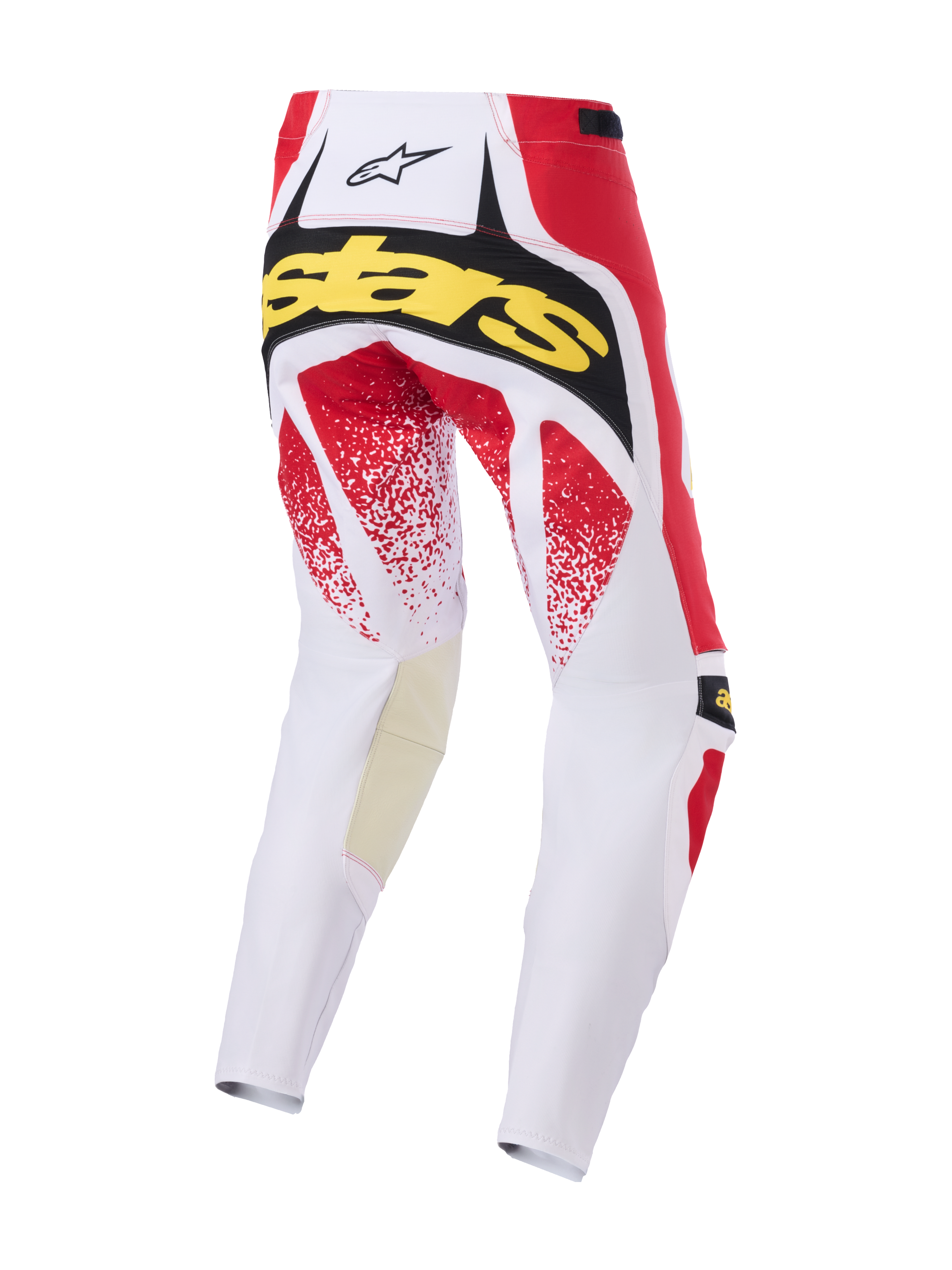 Alpinestars Techstar Nomur Pants 2026, spodnie motocrossowe, biało-czerwono-czarne, widok z tyłu z żółtym brandingiem „Stars” i czerwoną nakrapianą grafiką, trwała wielopanelowa konstrukcja do jazdy off-road