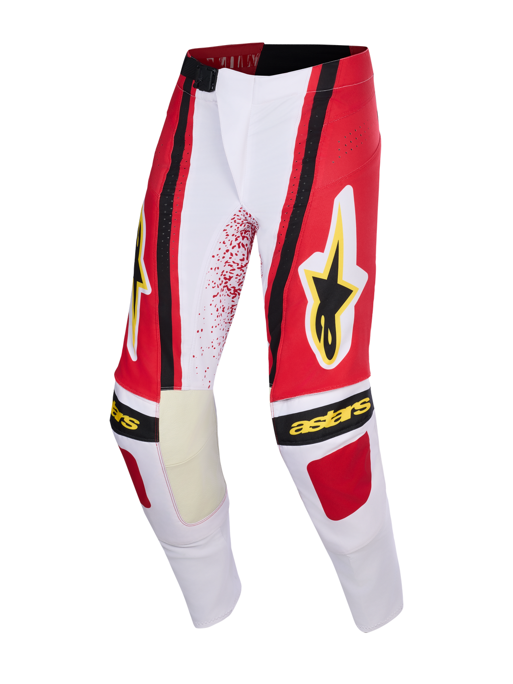 Alpinestars 2026 Techstar Nomur Pants, spodnie motocrossowe, jasnoszare, czerwone i czarne, z żółtym logo gwiazdy i napisem Alpinestars, wzmocnione panele wewnętrzne na kolanach, sportowy krój wyścigowy do jazdy w terenie