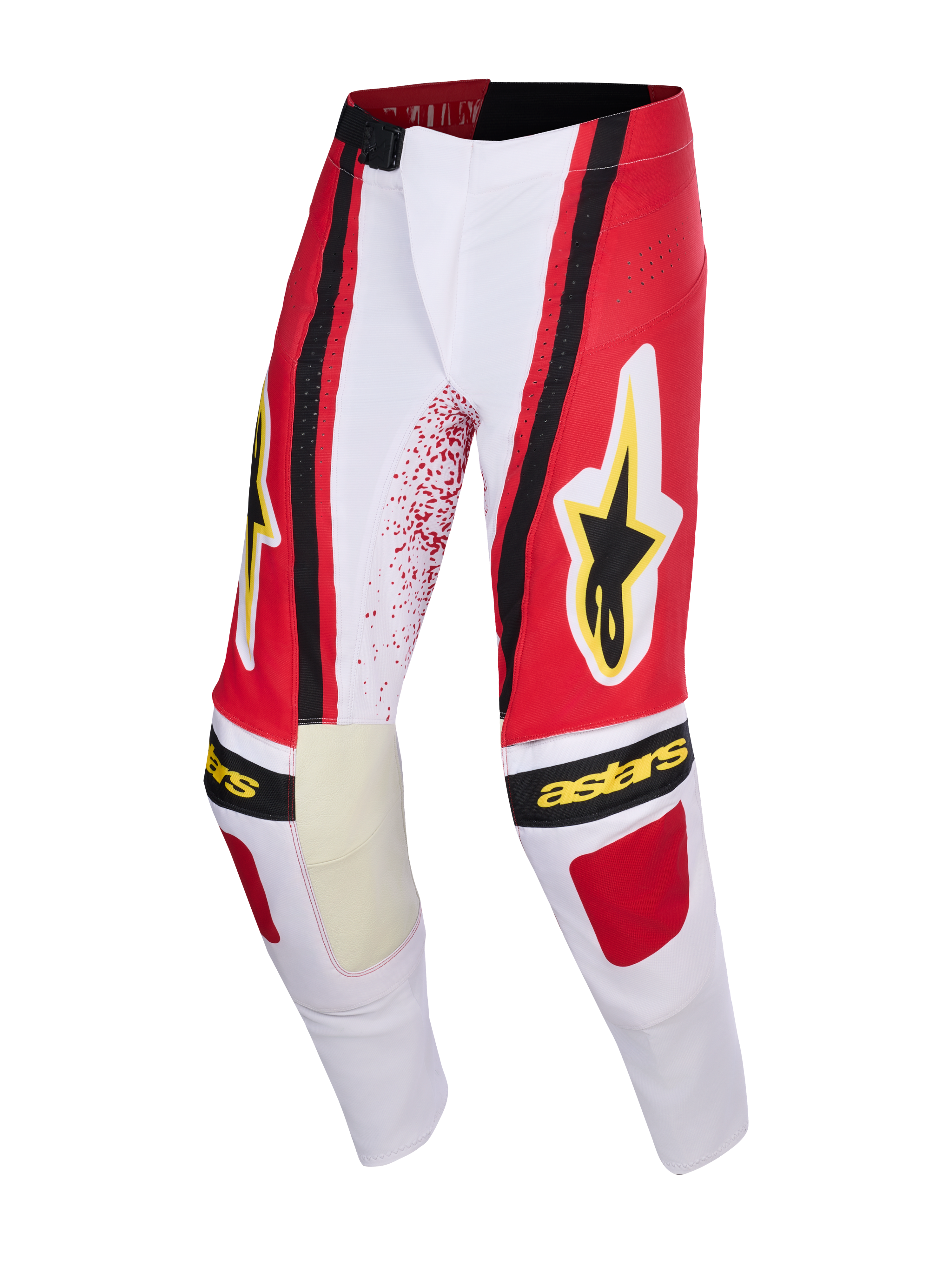 Alpinestars 2026 Techstar Nomur Pants, spodnie motocrossowe, jasnoszare, czerwone i czarne, z żółtym logo gwiazdy i napisem Alpinestars, wzmocnione panele wewnętrzne na kolanach, sportowy krój wyścigowy do jazdy w terenie