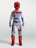 Alpinestars Racer Air Lone i Racer Hunt Gear Set, męski zestaw odzieży motocrossowej, szary kamuflaż i czerwony, wentylowana koszulka i spodnie do jazdy off-road.