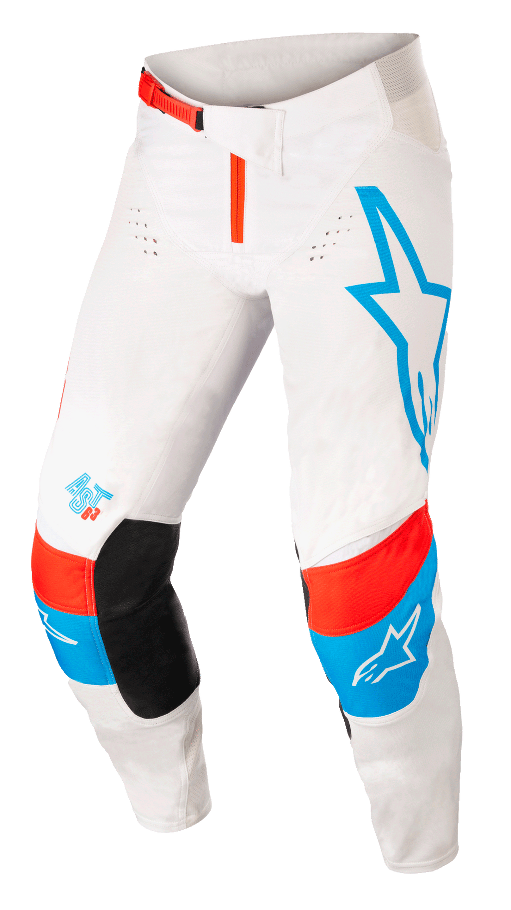 Alpinestars Techstar Quadro Pants, Motocross Pants, Off White with Blue and Neon Bright Red accents, featuring large blue star logo on left leg, AST 63 logo on right leg, black inner knee patches, red waist buckle, and perforated ventilation zones for off-road performance