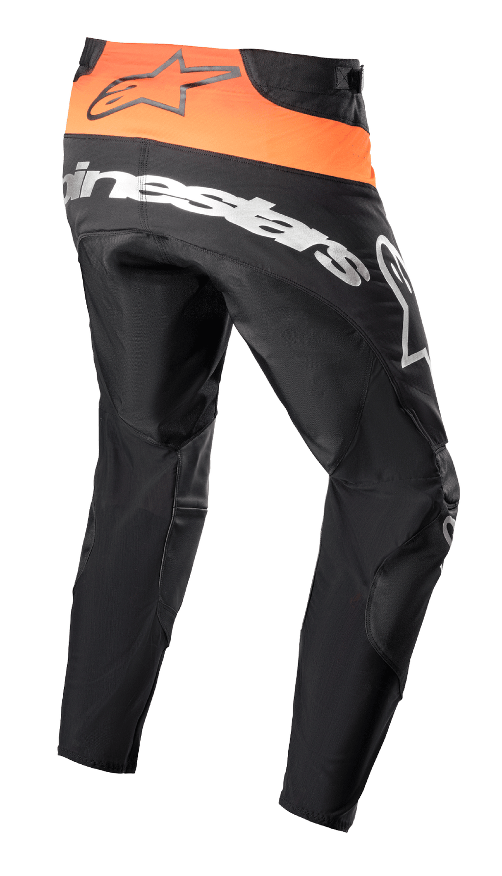 Alpinestars Techstar Sein Pants 2023, spodnie motocrossowe, czarne i jaskrawopomarańczowe, widok z tyłu pokazujący jaskrawopomarańczowy panel w pasie z czarnym logo, duże białe logo Alpinestars na siedzeniu, wzmocniona konstrukcja tekstylna do wyścigów off-road