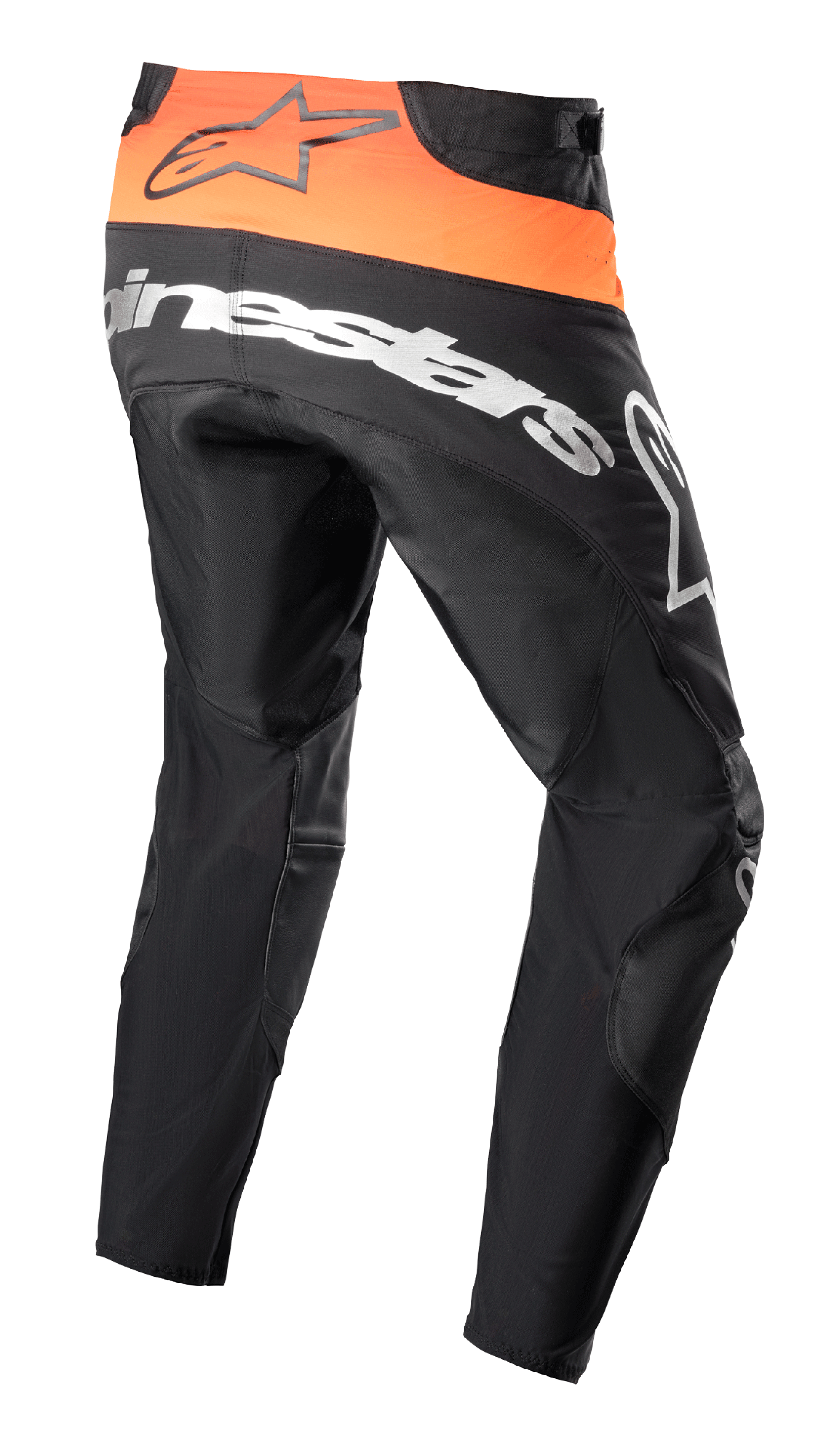 Alpinestars Techstar Sein Pants 2023, spodnie motocrossowe, czarne i jaskrawopomarańczowe, widok z tyłu pokazujący jaskrawopomarańczowy panel w pasie z czarnym logo, duże białe logo Alpinestars na siedzeniu, wzmocniona konstrukcja tekstylna do wyścigów off-road