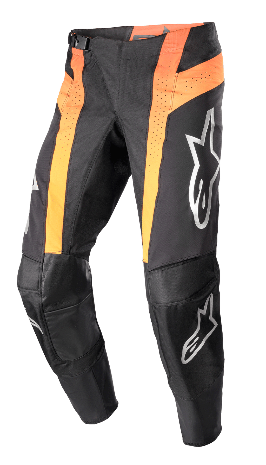 Alpinestars 2023 Techstar Sein Pants, spodnie motocrossowe, czarne i intensywnie pomarańczowe, pionowe pomarańczowe panele z perforowaną wentylacją, wzmocnione skórzane obszary kolan, srebrne logo na udach i goleniach, sportowy krój race-fit