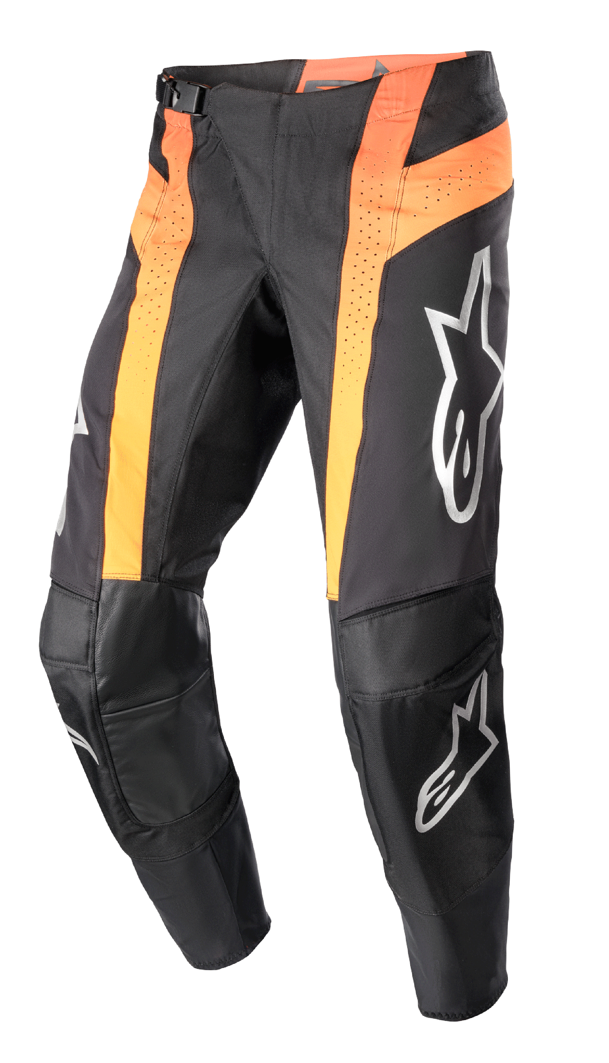 Alpinestars 2023 Techstar Sein Pants, spodnie motocrossowe, czarne i intensywnie pomarańczowe, pionowe pomarańczowe panele z perforowaną wentylacją, wzmocnione skórzane obszary kolan, srebrne logo na udach i goleniach, sportowy krój race-fit