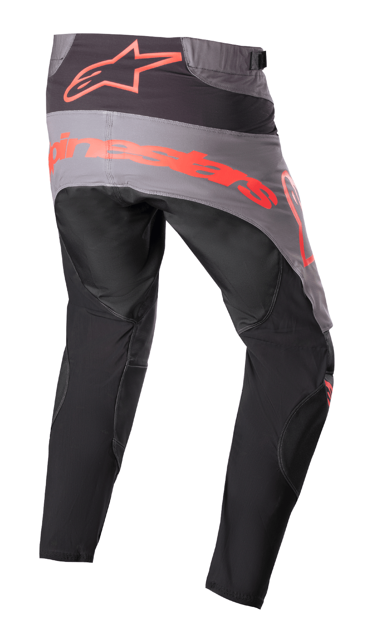Alpinestars Techstar Sein Pants 2023, spodnie motocrossowe, czarne z neonowo-czerwonymi elementami, widok z tyłu z szarym panelem na siedzeniu i dużym neonowo-czerwonym logo, ergonomiczne wyprofilowane nogawki, wytrzymała konstrukcja tekstylna