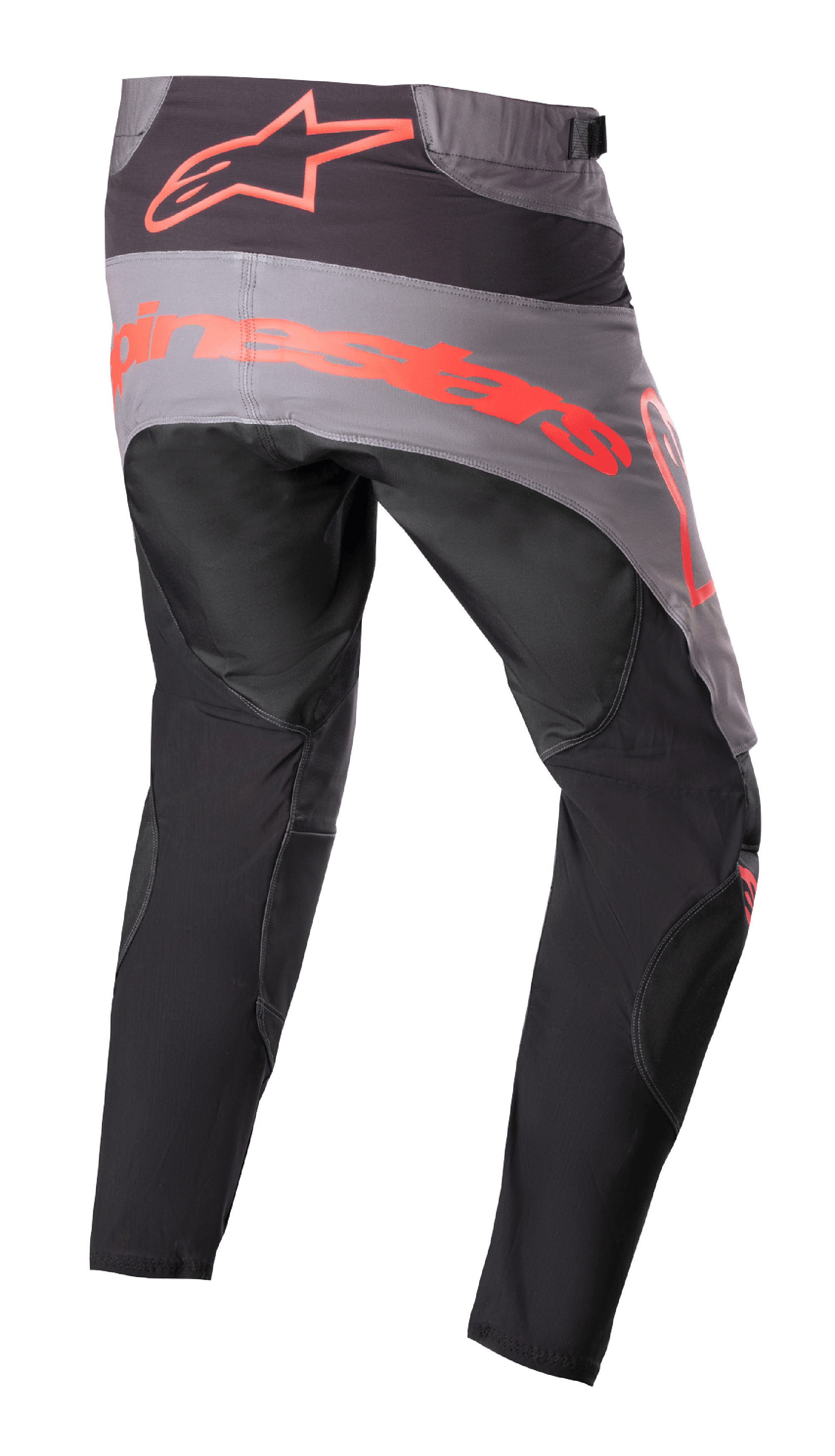 Alpinestars Techstar Sein Pants 2023, spodnie motocrossowe, czarne z neonowo-czerwonymi elementami, widok z tyłu z szarym panelem na siedzeniu i dużym neonowo-czerwonym logo, ergonomiczne wyprofilowane nogawki, wytrzymała konstrukcja tekstylna