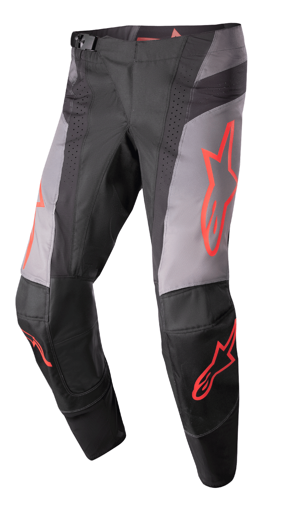 Alpinestars 2023 Techstar Sein Pants, spodnie motocrossowe, czarno-szare z neonowo-czerwonymi grafikami gwiazd, perforowane strefy wentylacyjne, magnetyczna klamra w pasie, wzmocniona konstrukcja kolan 3D Babel dla wydajności off-road