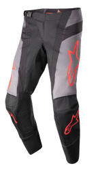 Alpinestars 2023 Techstar Sein Pants, spodnie motocrossowe, czarno-szare z neonowo-czerwonymi grafikami gwiazd, perforowane strefy wentylacyjne, magnetyczna klamra w pasie, wzmocniona konstrukcja kolan 3D Babel dla wydajności off-road