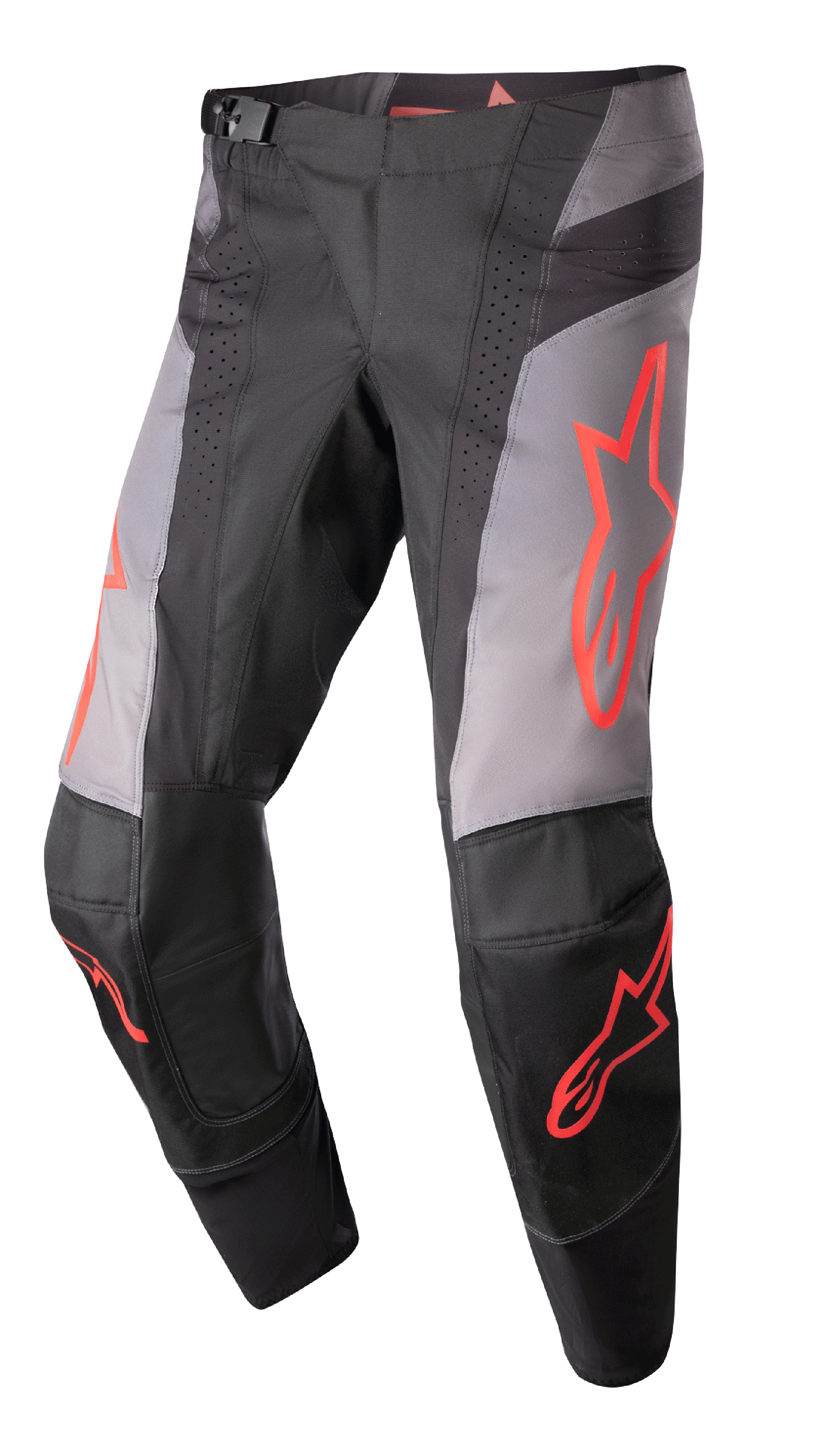 Alpinestars 2023 Techstar Sein Pants, spodnie motocrossowe, czarno-szare z neonowo-czerwonymi grafikami gwiazd, perforowane strefy wentylacyjne, magnetyczna klamra w pasie, wzmocniona konstrukcja kolan 3D Babel dla wydajności off-road