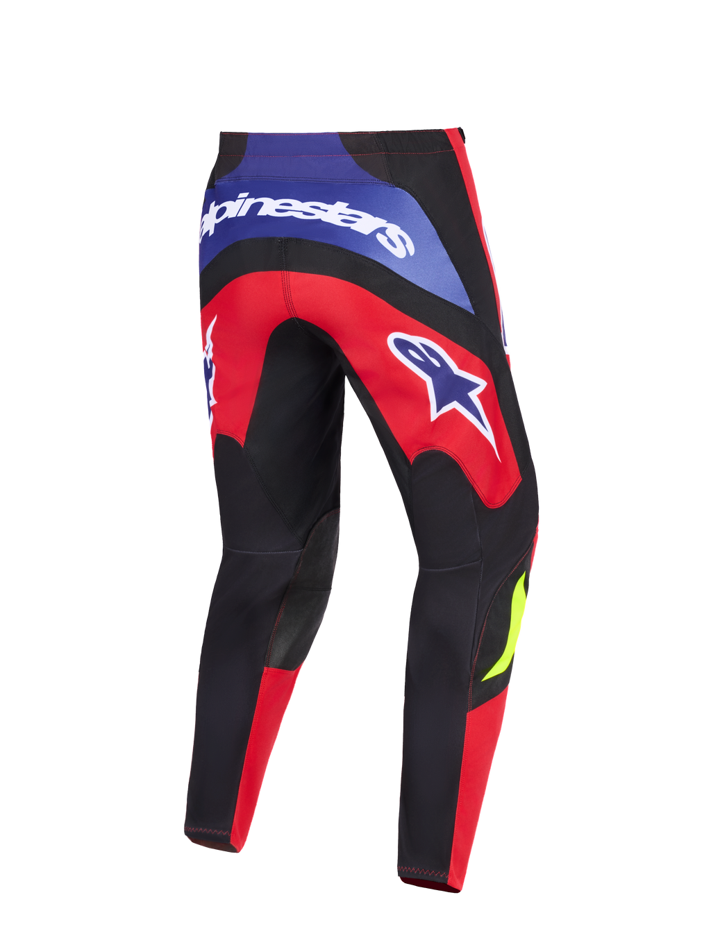 Alpinestars Fluid Grid Pants 2026, spodnie motocrossowe, czerwone, czarne i fioletowe, widok z tyłu z wyraźnym brandingiem Alpinestars na tylnym karczku i udach, wzmocnione czarne panele na kolanach i ergonomiczny sportowy krój do jazdy off-road