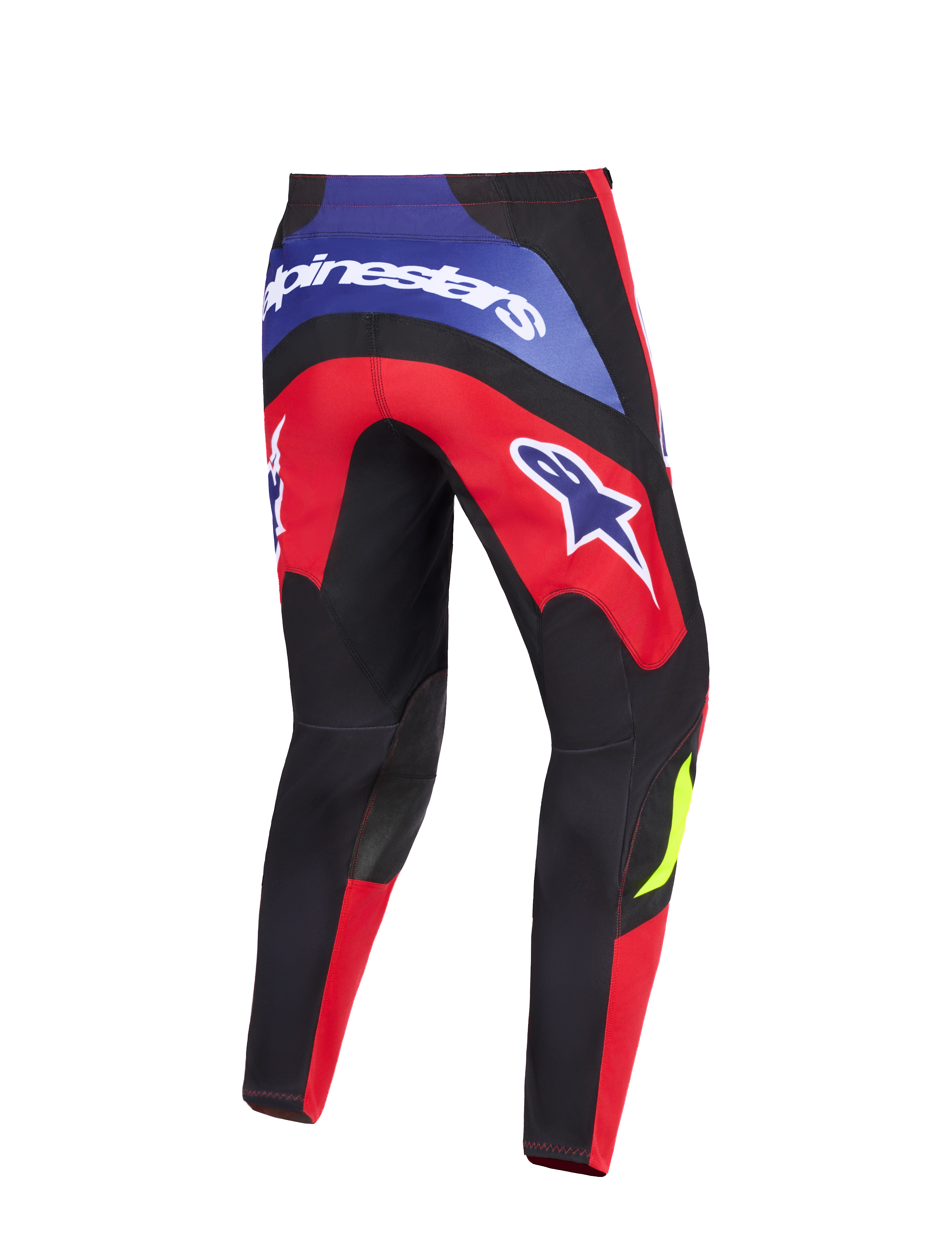 Alpinestars Fluid Grid Pants 2026, spodnie motocrossowe, czerwone, czarne i fioletowe, widok z tyłu z wyraźnym brandingiem Alpinestars na tylnym karczku i udach, wzmocnione czarne panele na kolanach i ergonomiczny sportowy krój do jazdy off-road
