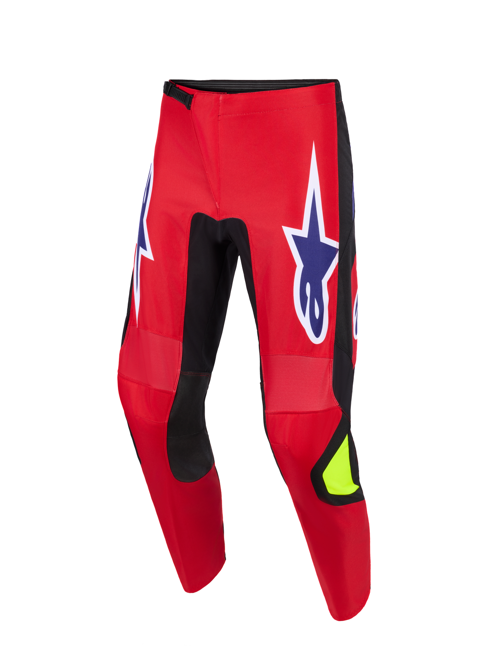 Alpinestars 2026 Fluid Grid Pants, spodnie motocrossowe, czerwone, czarne i fioletowe, duże fioletowe logo gwiazdy z białą obwódką na udach, czarne elastyczne panele po wewnętrznej stronie nogawek, neonowożółty akcent na goleni, wytrzymała konstrukcja z poliestru do jazdy off-road
