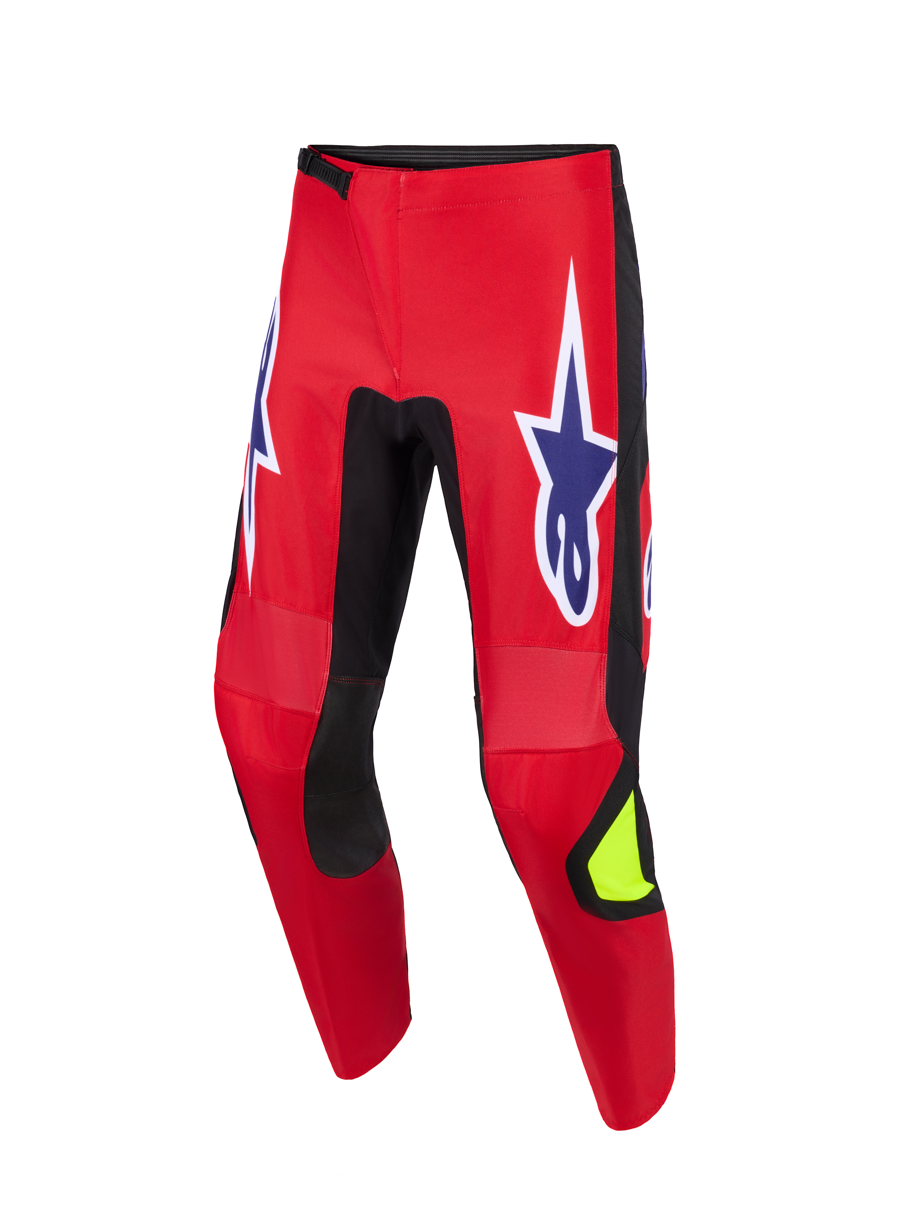 Alpinestars 2026 Fluid Grid Pants, spodnie motocrossowe, czerwone, czarne i fioletowe, duże fioletowe logo gwiazdy z białą obwódką na udach, czarne elastyczne panele po wewnętrznej stronie nogawek, neonowożółty akcent na goleni, wytrzymała konstrukcja z poliestru do jazdy off-road
