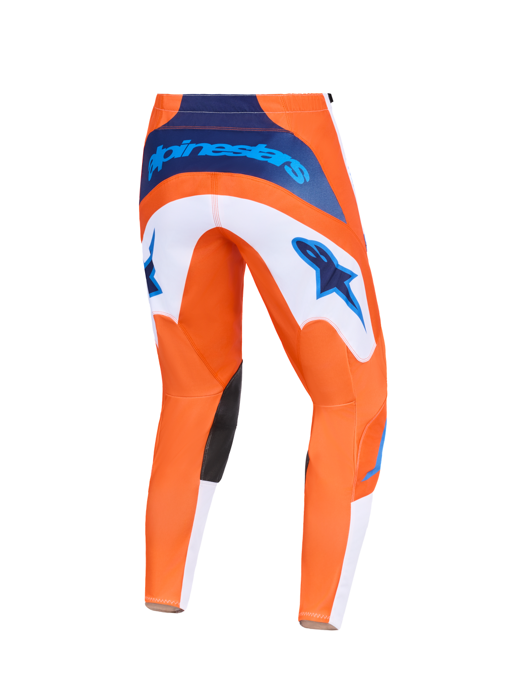 Alpinestars 2026 Fluid Grid Pants, spodnie motocrossowe, pomarańczowe i błękitne (UCLA Blue), widok z tyłu, białe panele z niebieskim logo gwiazdy, granatowe logo w pasie, czarne wzmocnienia na kolanach, wytrzymała konstrukcja do wyścigów terenowych