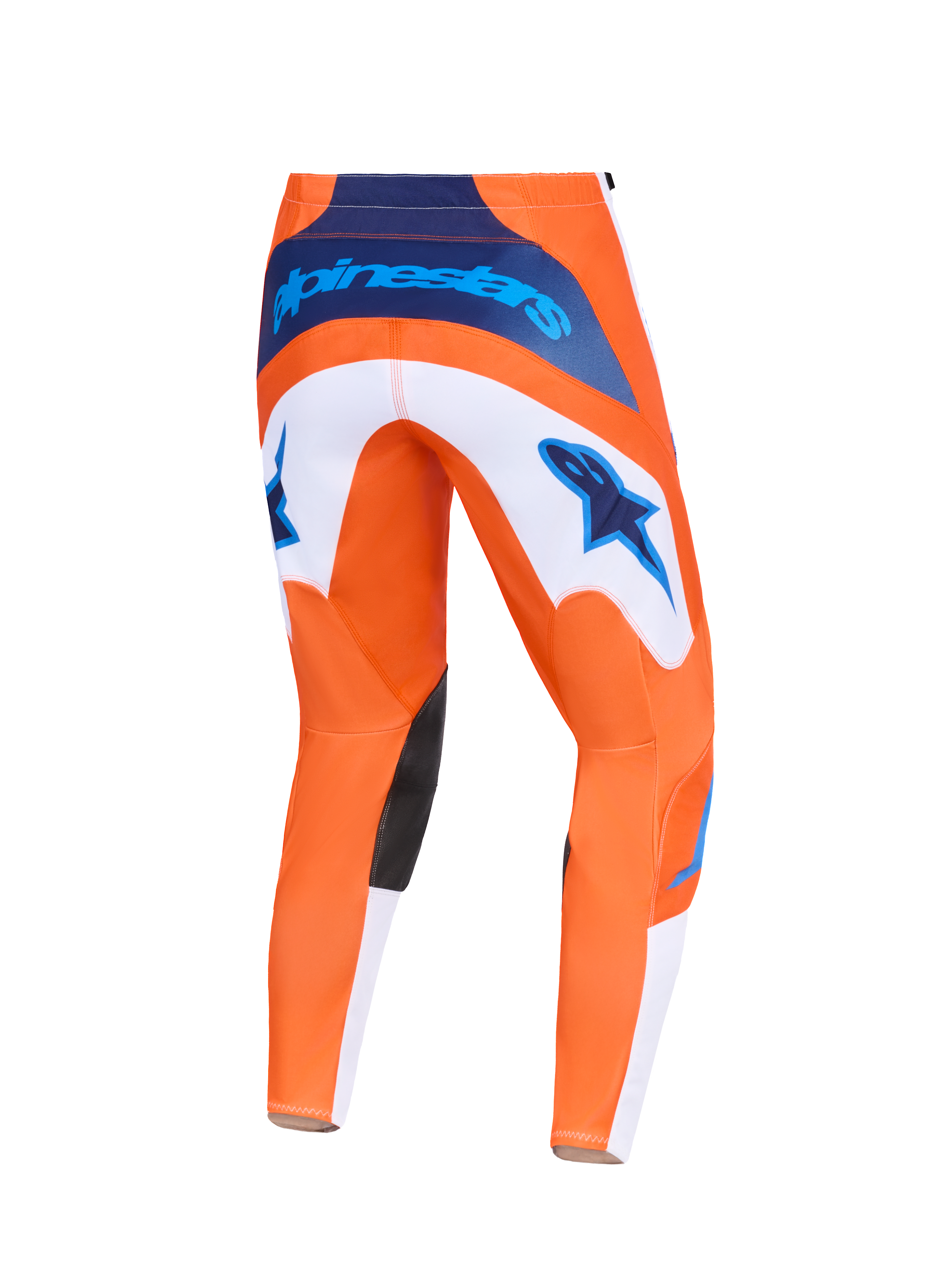 Alpinestars 2026 Fluid Grid Pants, spodnie motocrossowe, pomarańczowe i błękitne (UCLA Blue), widok z tyłu, białe panele z niebieskim logo gwiazdy, granatowe logo w pasie, czarne wzmocnienia na kolanach, wytrzymała konstrukcja do wyścigów terenowych