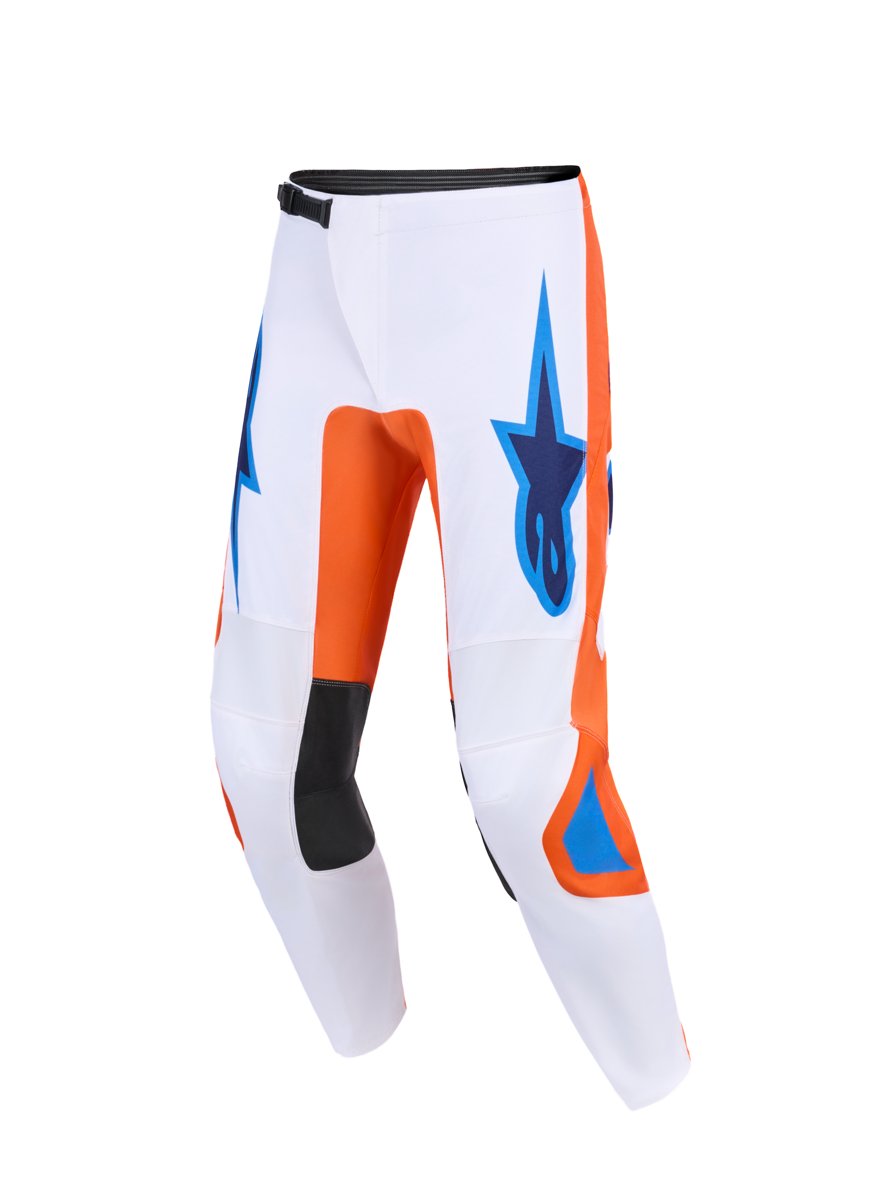 Alpinestars 2026 Fluid Grid Pants, spodnie motocrossowe, białe z pomarańczowymi i niebieskimi akcentami UCLA Blue, niebieskie logo Astars na udach, czarne panele po wewnętrznej stronie kolan, techniczna ergonomiczna konstrukcja zapewniająca wydajność off-road