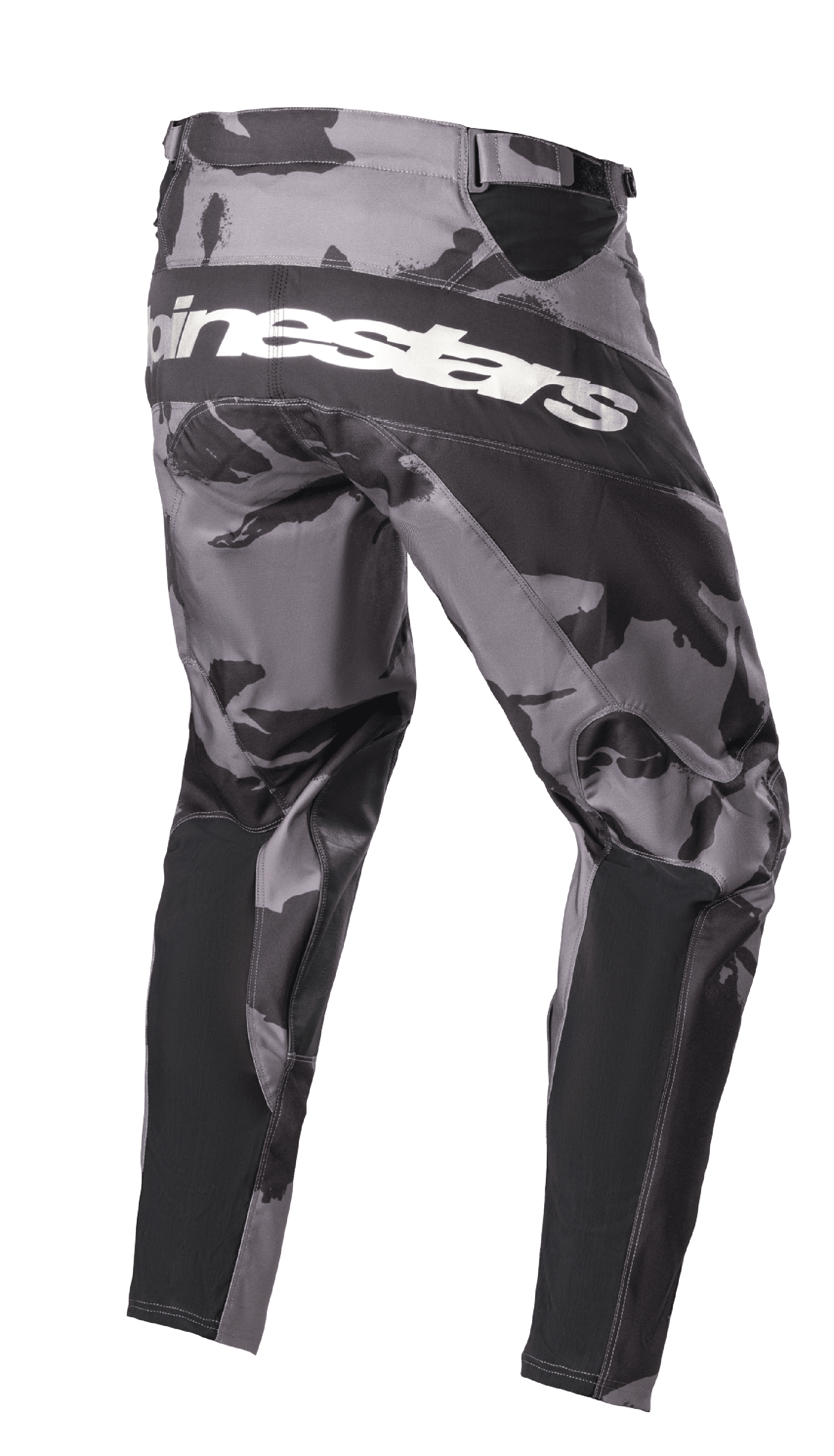 Alpinestars 2023 Racer Tactical Pants, spodnie motocrossowe, szaro-czarny kamuflaż Iron Camo, widok z tyłu z białym napisem Alpinestars na siedzeniu, czarne wzmocnione panele i techniczne strefy rozciągliwe do jazdy terenowej