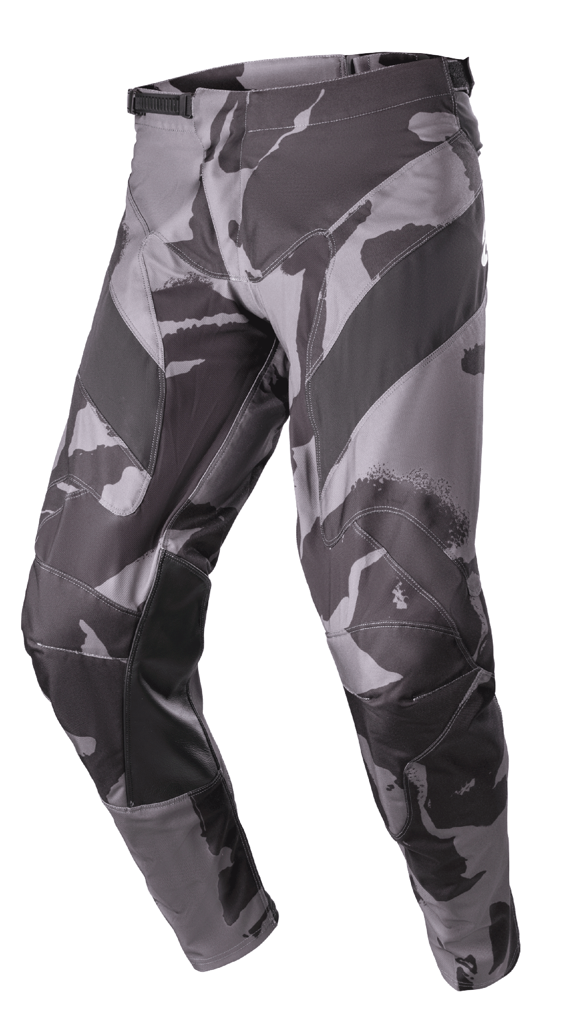 Alpinestars Racer Tactical Pants 2023, spodnie motocrossowe terenowe, szaro-czarny kamuflaż Iron Camo, skórzane wzmocnienia po wewnętrznej stronie nogawek, regulacja w pasie na zapadkę, wytrzymała konstrukcja z poliestru 600D