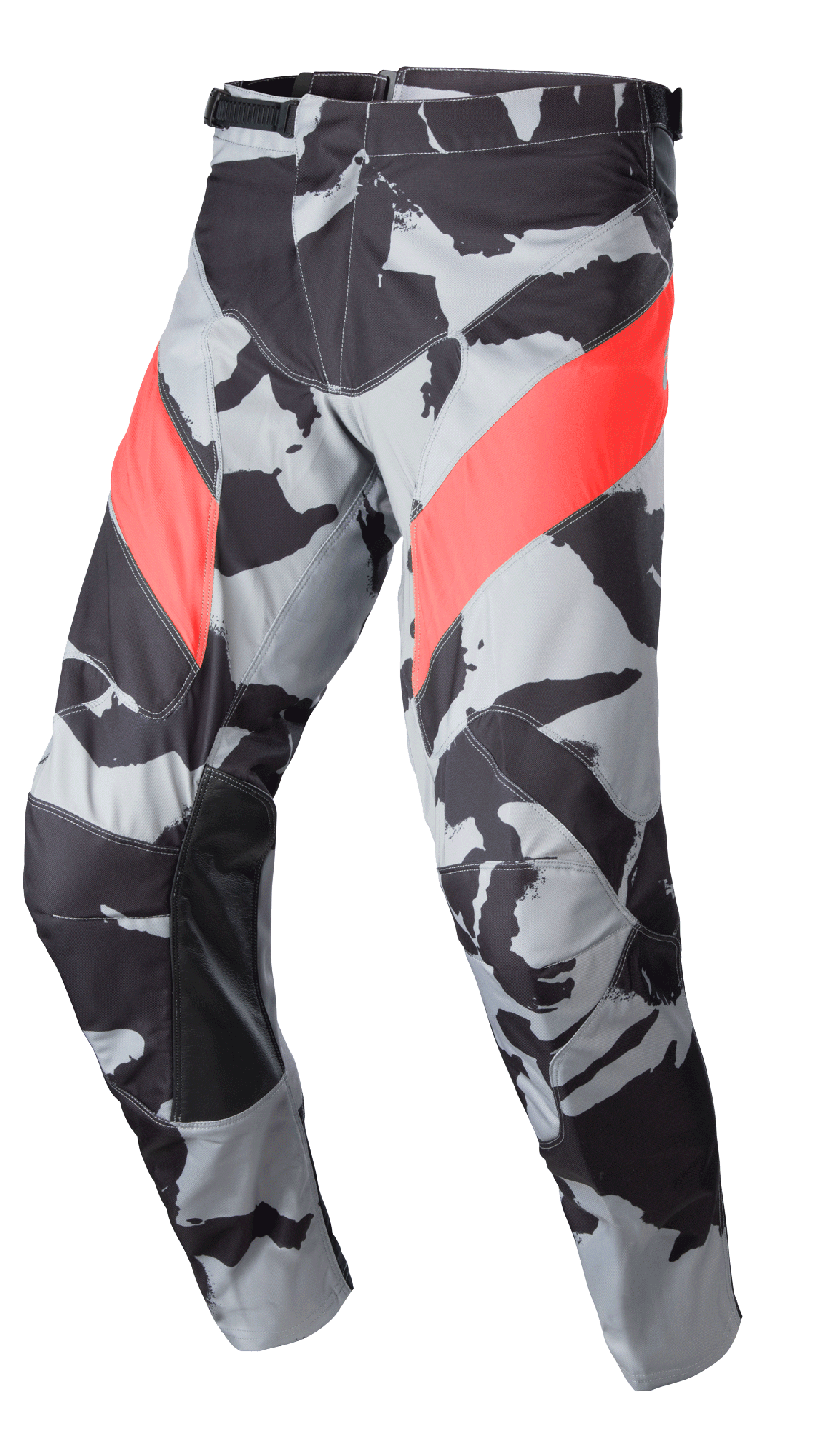 Spodnie Alpinestars Racer Tactical 2023, spodnie motocrossowe off-road, wzór moro w kolorach Cast Gray i czarnym z czerwonymi ukośnymi akcentami Mars Red, skórzane wzmocnienia po wewnętrznej stronie nogawek, zapięcie zapadkowe w pasie, ergonomiczna zakrzywiona konstrukcja