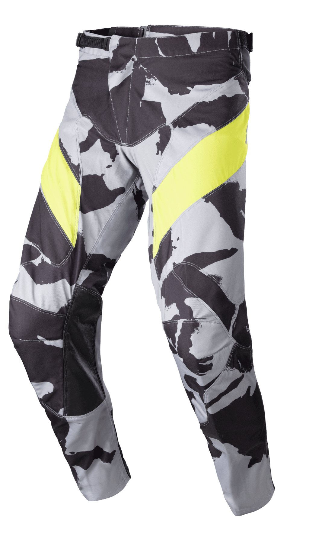 Alpinestars 2023 Racer Tactical Pants, spodnie motocrossowe, szary wzór moro z jaskrawożółtymi panelami na udach, czarne skórzane wzmocnienia wewnętrznej części kolan i zapięcie typu ratchet w pasie, przeznaczone do wyścigów terenowych