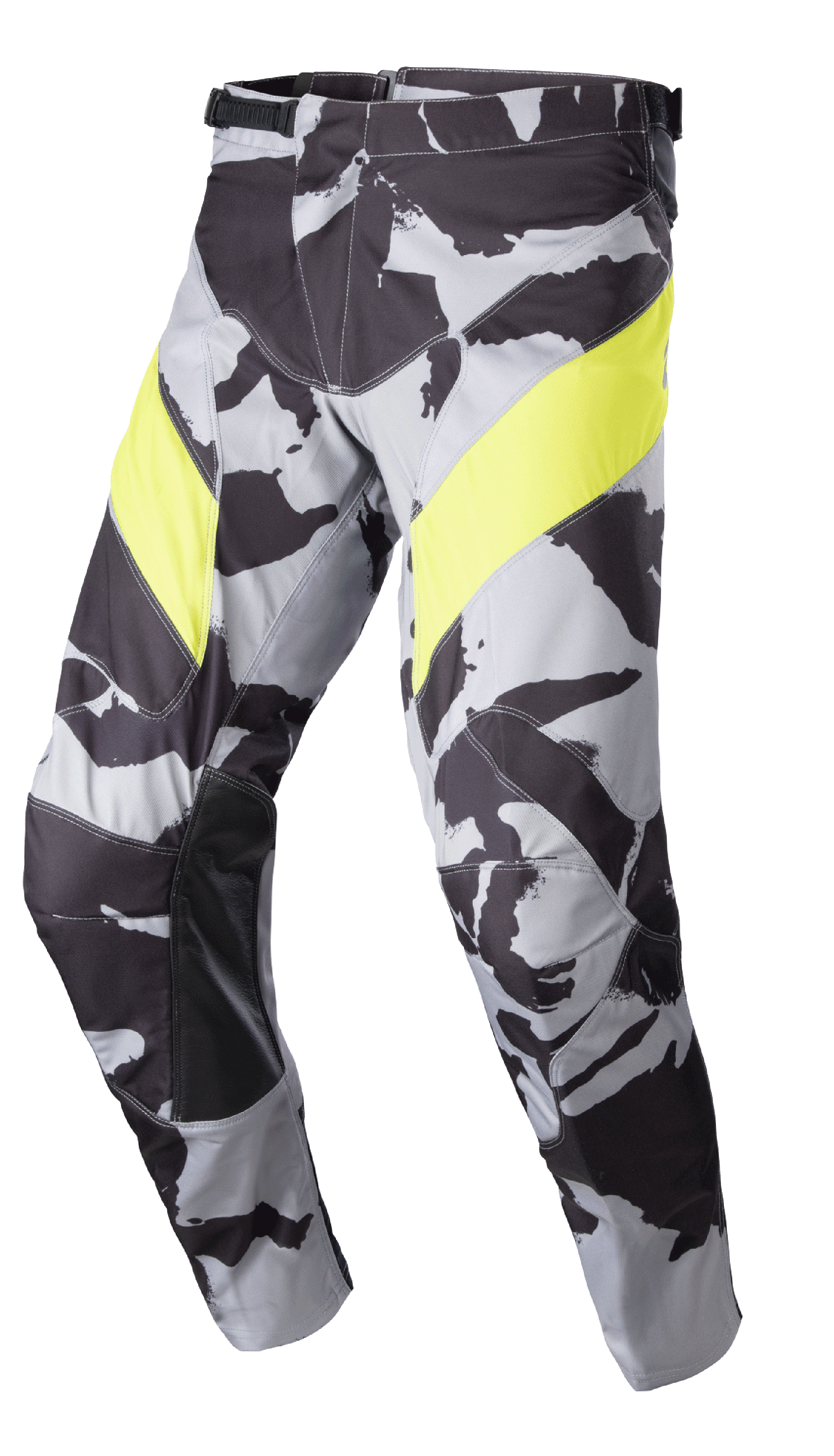 Alpinestars 2023 Racer Tactical Pants, spodnie motocrossowe, szary wzór moro z jaskrawożółtymi panelami na udach, czarne skórzane wzmocnienia wewnętrznej części kolan i zapięcie typu ratchet w pasie, przeznaczone do wyścigów terenowych