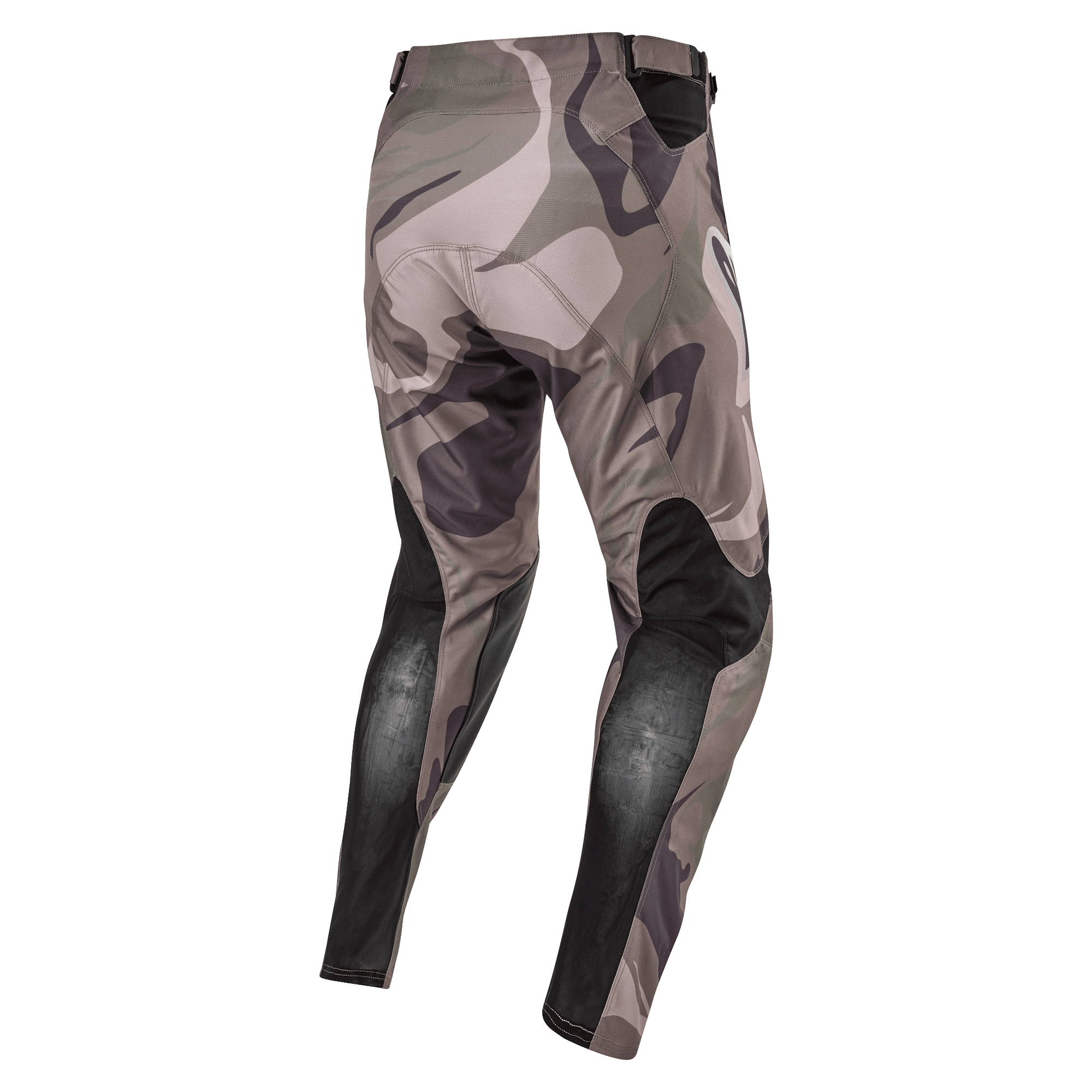 Alpinestars 2024 Racer Tactical Pants, spodnie motocrossowe, Military Green Camo Brown, widok z tyłu pokazujący czarne oddychające panele elastyczne na dolnej części nogawek i wzór kamuflażu, wytrzymały materiał do wyścigów terenowych