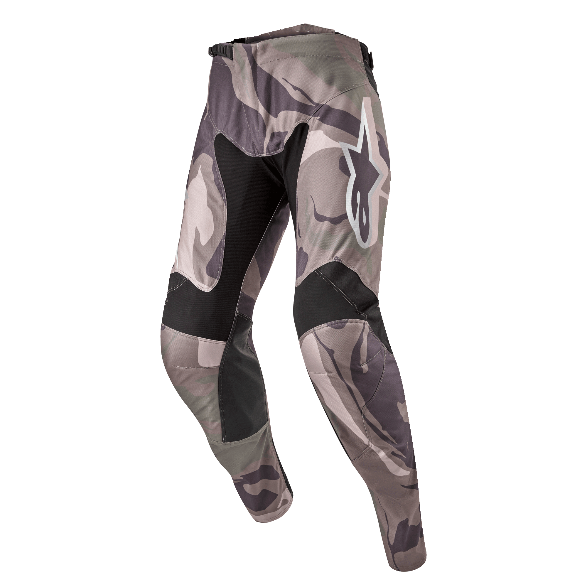 Alpinestars 2024 Racer Tactical Pants, spodnie motocrossowe, wzór kamuflażu Military Green Camo Brown, czarne elastyczne panele na wewnętrznej stronie ud i kolanach, białe logo Alpinestars na udzie, ergonomiczna, wyprofilowana konstrukcja do jazdy terenowej