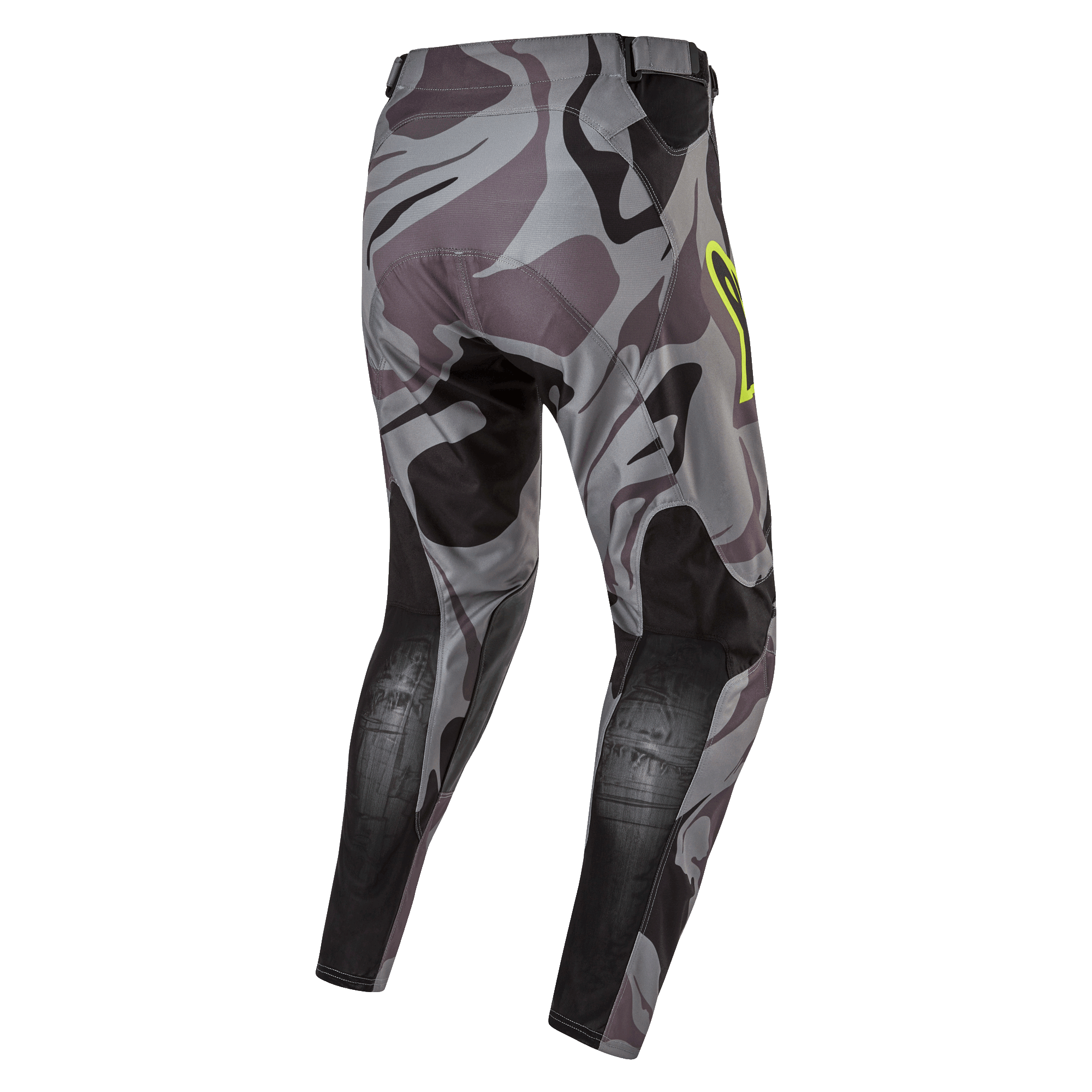 Alpinestars 2024 Racer Tactical Pants, spodnie motocrossowe, Cast Gray Camo Magnet, widok z tyłu prezentujący szary wzór kamuflażu z czarnymi wzmocnionymi panelami, żółty akcent z logo na biodrze, techniczny materiał rip-stop do wyścigów terenowych