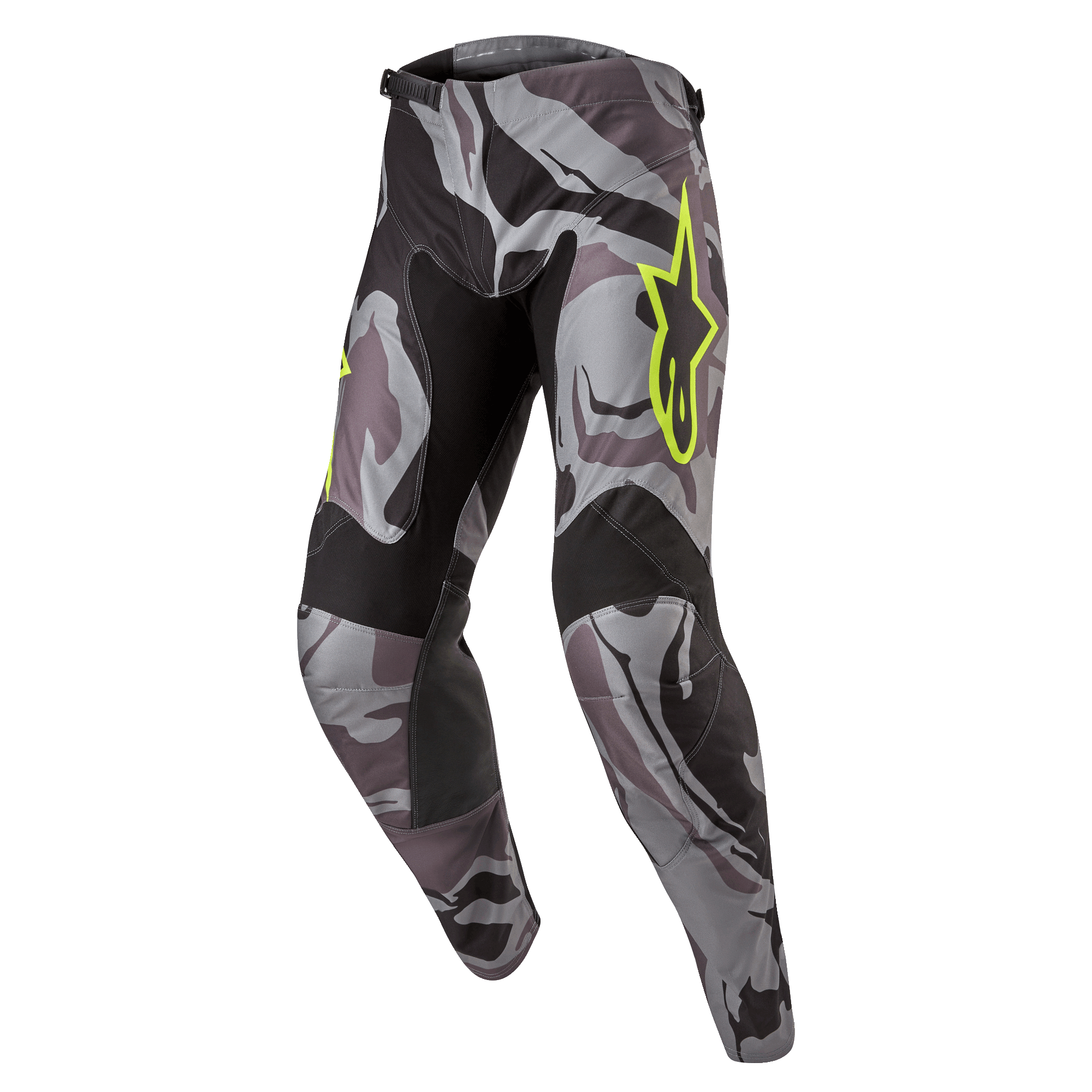 Alpinestars 2024 Racer Tactical Pants, spodnie motocrossowe, Cast Gray Camo Magnet, szaro-czarny wzór kamuflażu z neonowożółtym logo Alpinestars, czarne panele na wewnętrznej stronie ud i kolanach, wyprofilowany sportowy krój do jazdy terenowej