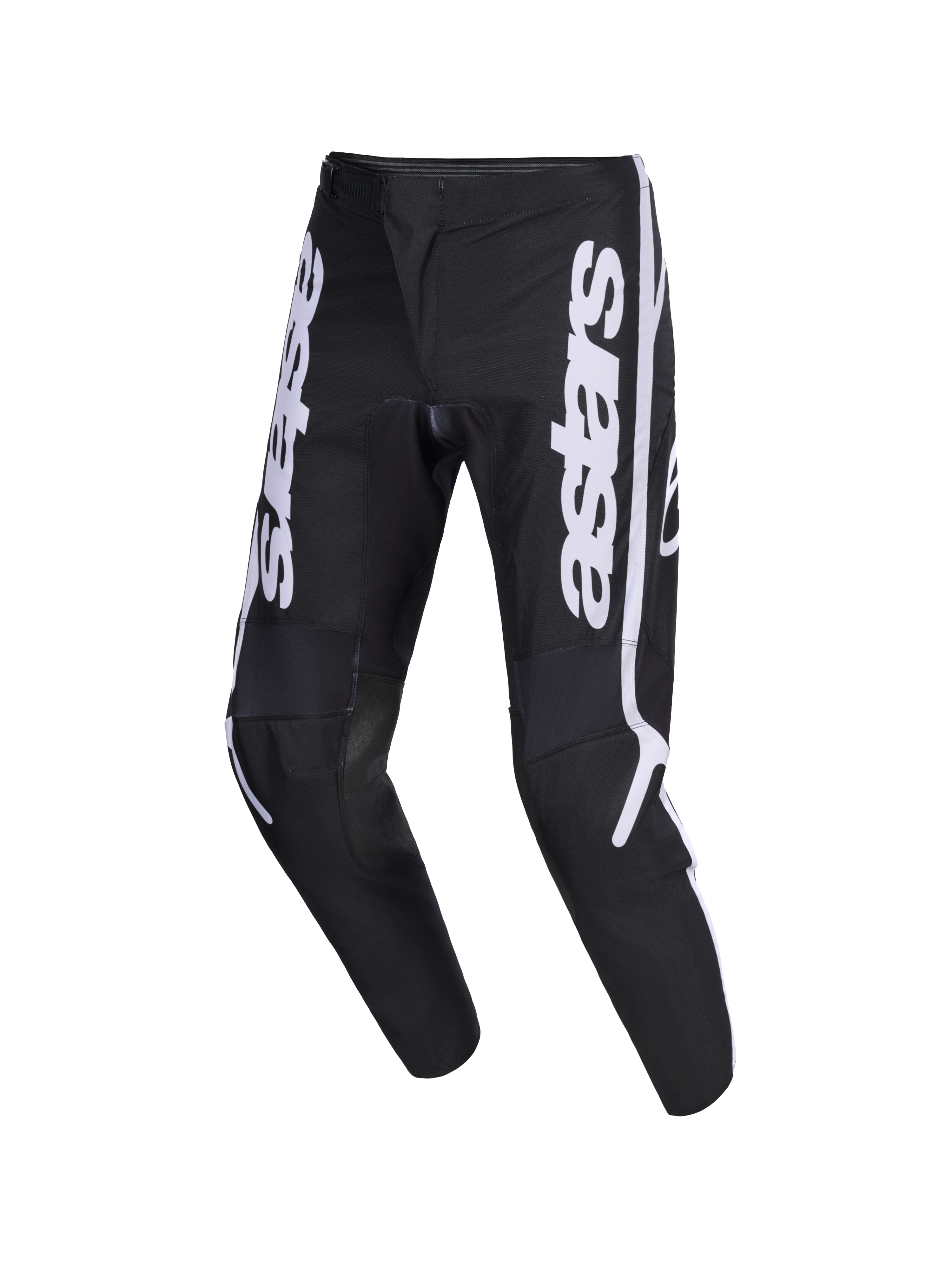 Alpinestars 2026 Fluid Apex Pants, spodnie motocrossowe, czarno-szare, białe pionowe logo astars na nogawkach, ergonomiczny sportowy krój, wytrzymała konstrukcja z poliestru 600D do jazdy terenowej