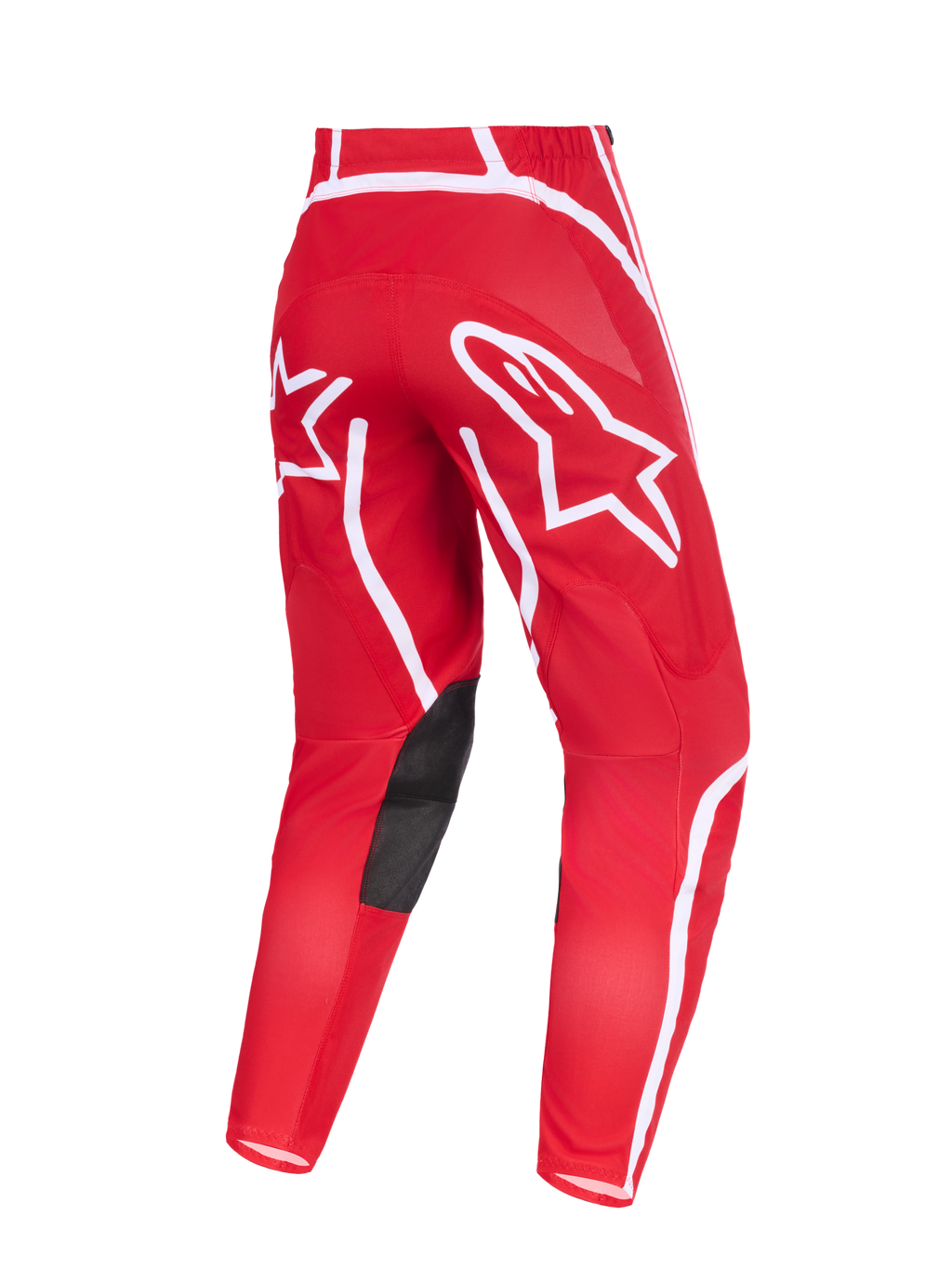 Spodnie Alpinestars 2026 Fluid Apex, spodnie motocrossowe, czerwono-białe, widok z tyłu z wyraźnymi białymi logo gwiazdy na siedzeniu, czarne panele z syntetycznej skóry po wewnętrznej stronie kolan, ergonomiczna konstrukcja do jazdy terenowej