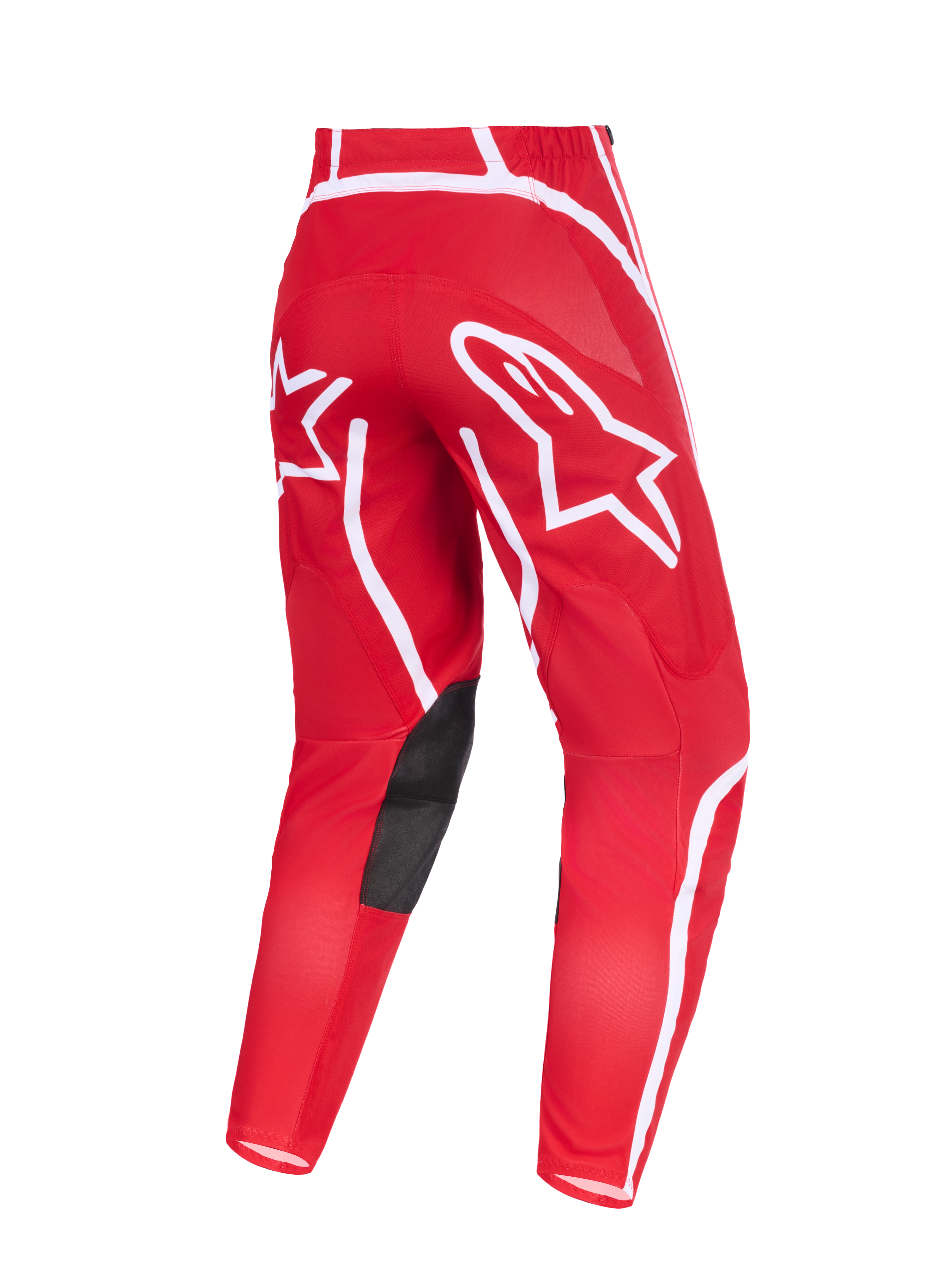 Spodnie Alpinestars 2026 Fluid Apex, spodnie motocrossowe, czerwono-białe, widok z tyłu z wyraźnymi białymi logo gwiazdy na siedzeniu, czarne panele z syntetycznej skóry po wewnętrznej stronie kolan, ergonomiczna konstrukcja do jazdy terenowej