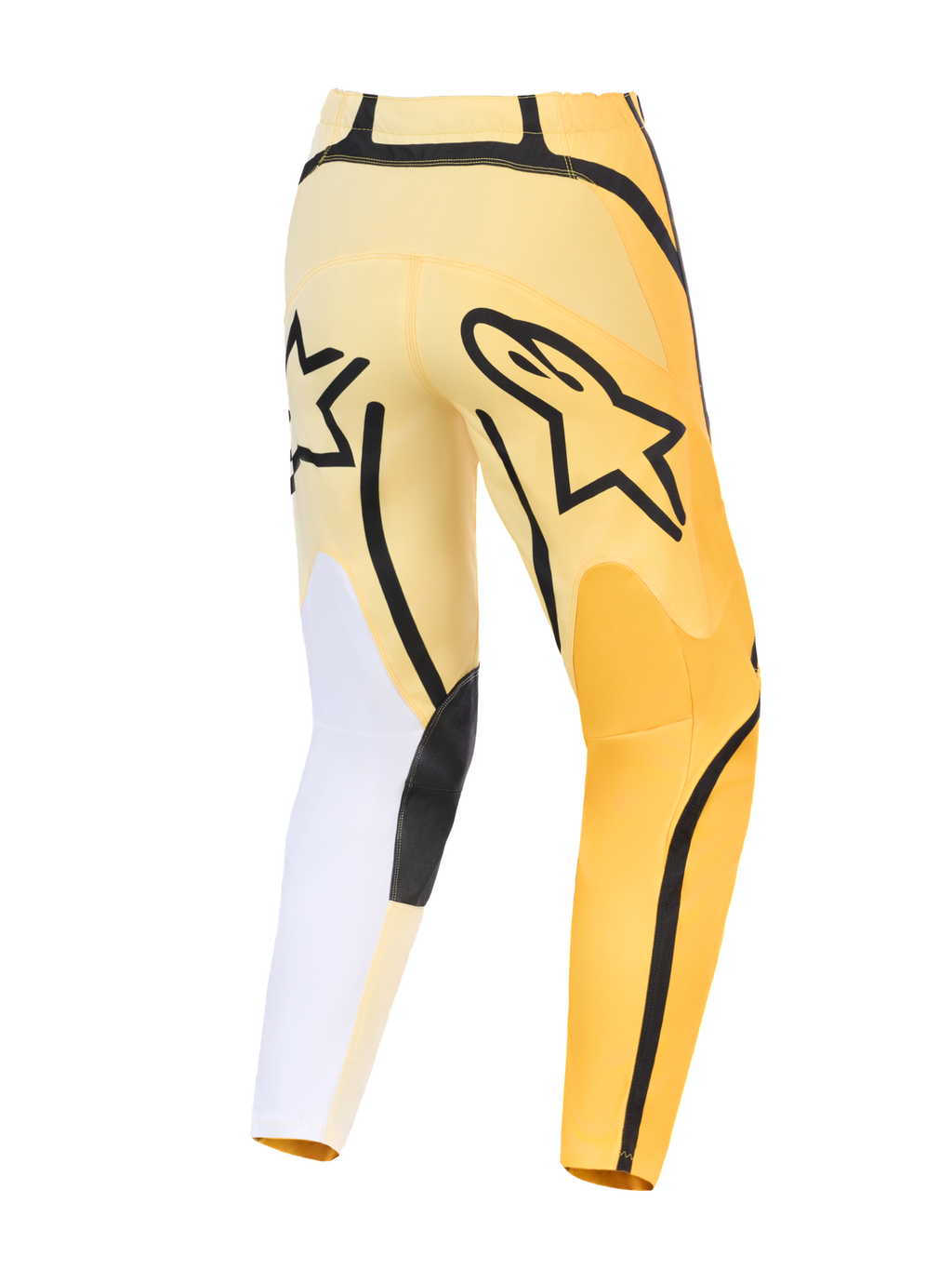Alpinestars 2026 Fluid Apex Pants, spodnie motocrossowe, żółto-czarne z białymi akcentami, widok z tyłu z wyraźnym czarnym logo Astars, asymetryczny design z wytrzymałymi wzmocnionymi panelami i wstępnie zakrzywionym krojem