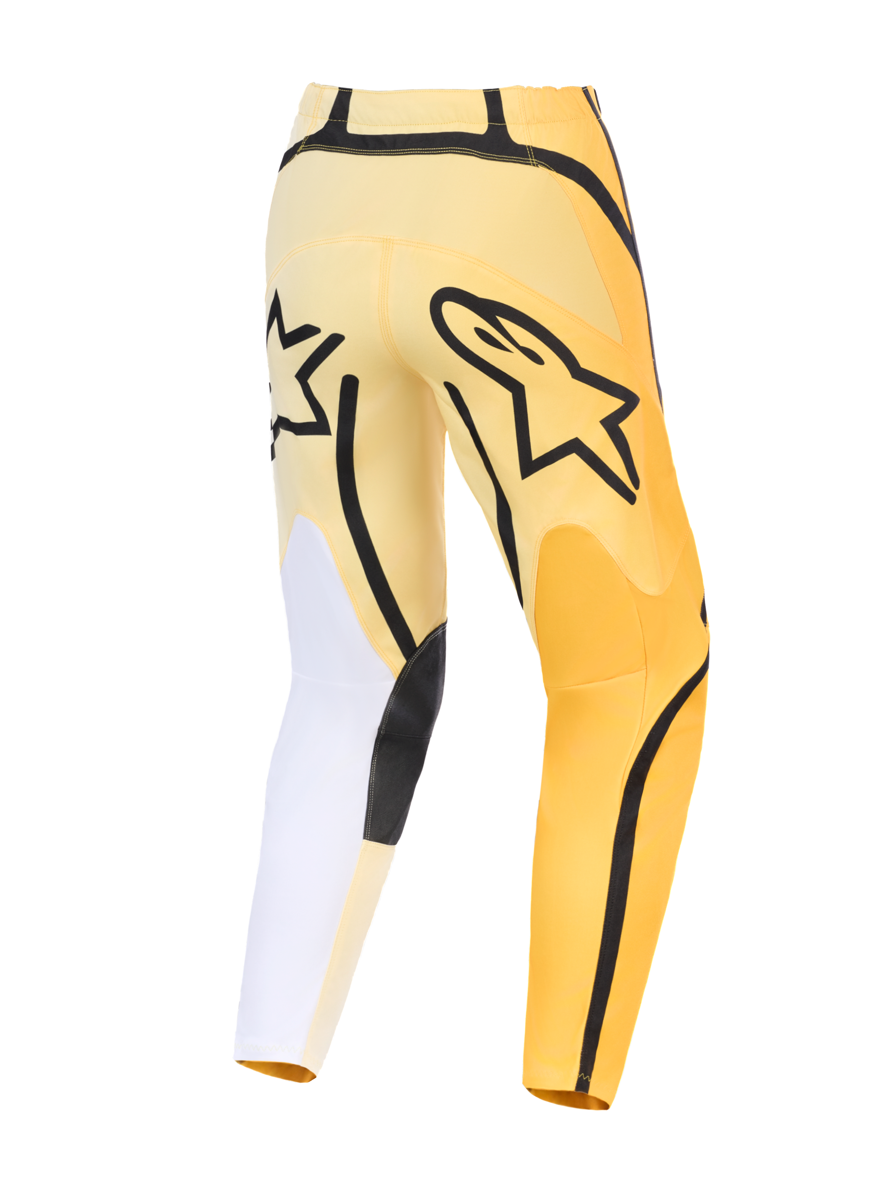 Alpinestars 2026 Fluid Apex Pants, spodnie motocrossowe, żółto-czarne z białymi akcentami, widok z tyłu z wyraźnym czarnym logo Astars, asymetryczny design z wytrzymałymi wzmocnionymi panelami i wstępnie zakrzywionym krojem