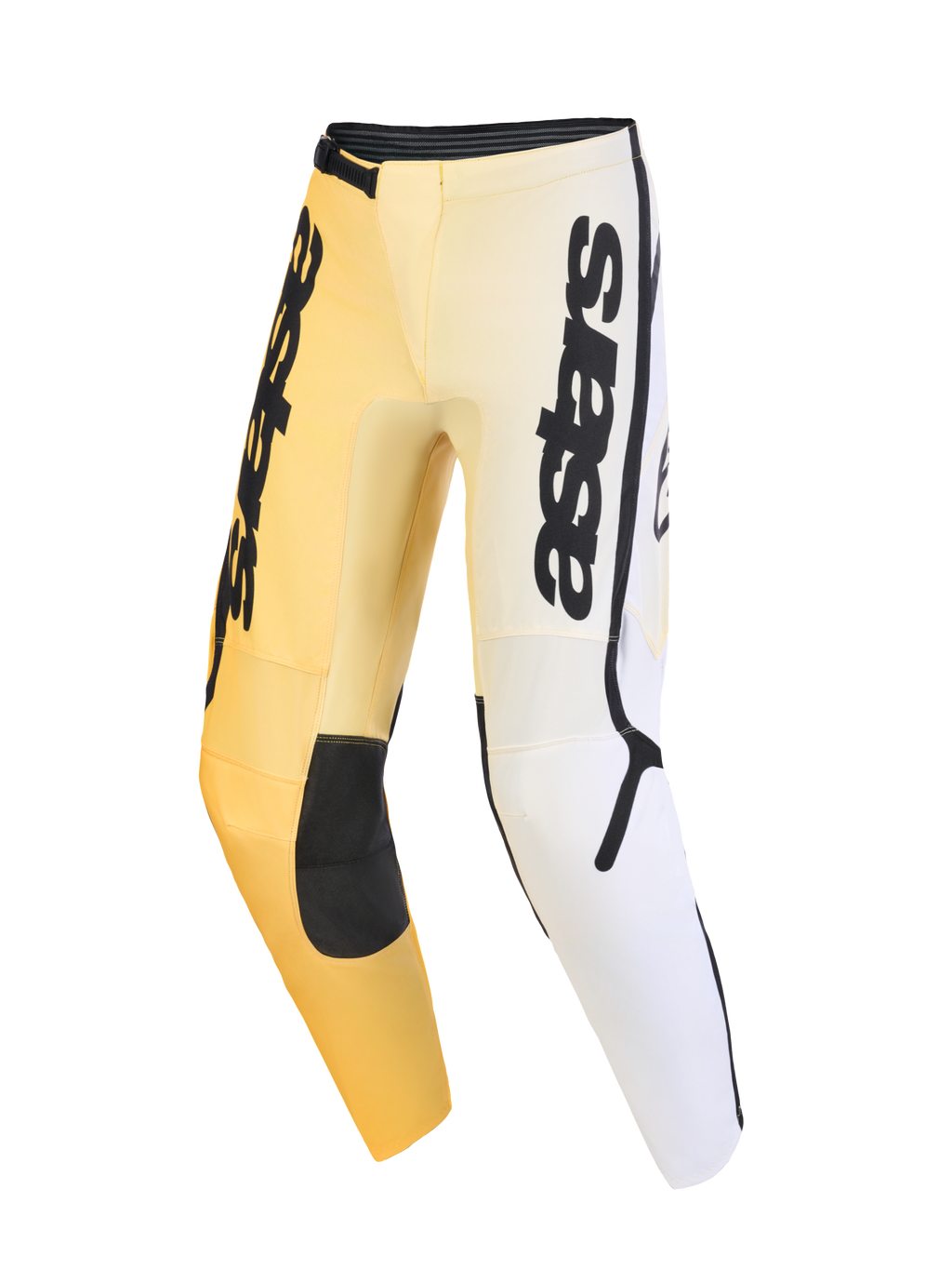 Spodnie Alpinestars 2026 Fluid Apex, spodnie motocrossowe, żółto-biało-czarne z gradientową kolorystyką, wyraźnym pionowym brandingiem astars na udach, czarnymi wzmocnionymi panelami na kolanach i ergonomiczną, wstępnie zakrzywioną konstrukcją zapewniającą wydajność off-road