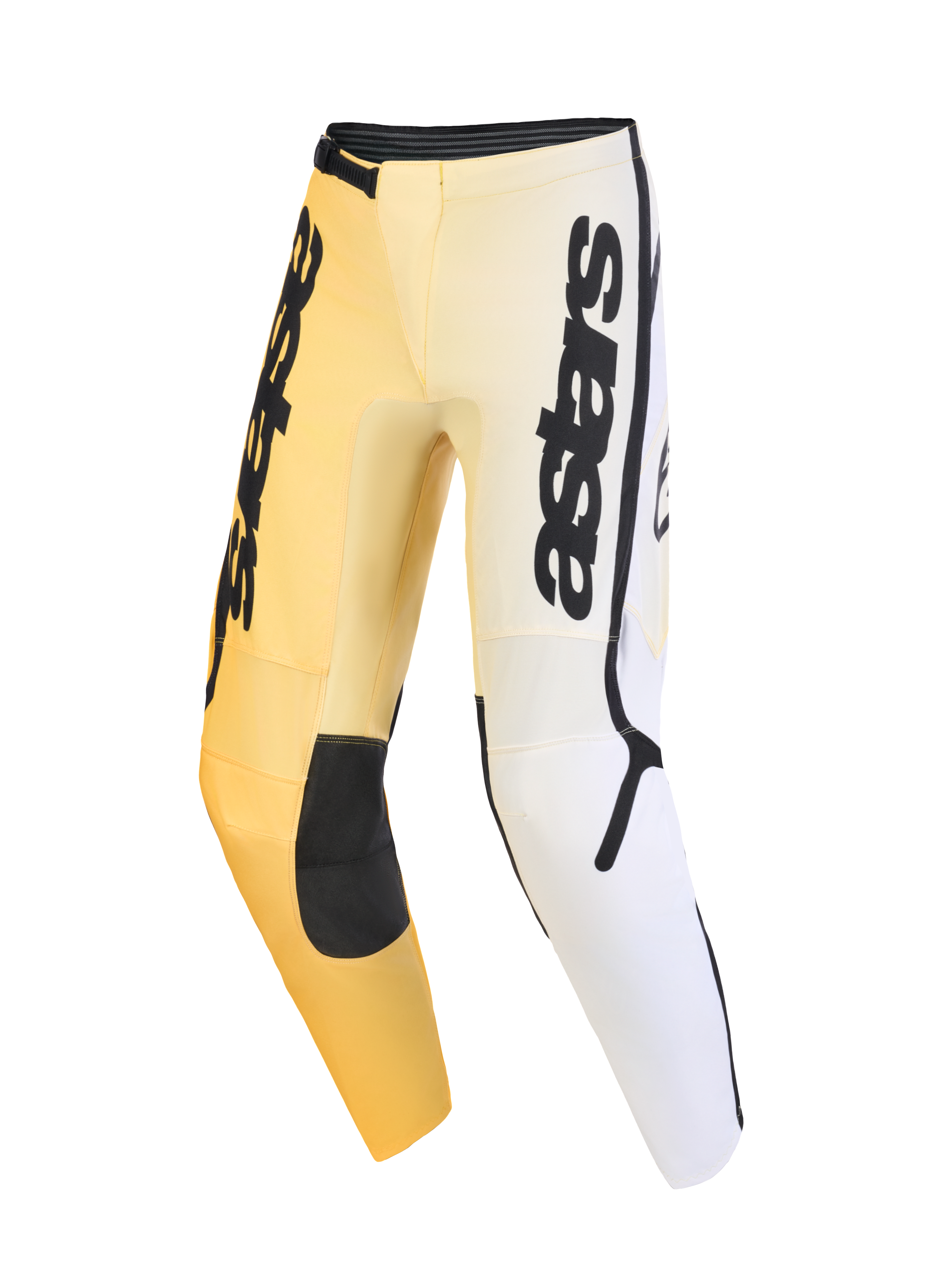 Spodnie Alpinestars 2026 Fluid Apex, spodnie motocrossowe, żółto-biało-czarne z gradientową kolorystyką, wyraźnym pionowym brandingiem astars na udach, czarnymi wzmocnionymi panelami na kolanach i ergonomiczną, wstępnie zakrzywioną konstrukcją zapewniającą wydajność off-road
