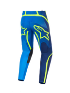 Alpinestars 2026 Fluid Apex Pants, spodnie motocrossowe, niebieskie i żółte fluo, widok z tyłu z dużymi żółtymi konturami logo gwiazdy, wzmocnione panele wewnętrzne na kolanach, wytrzymała poliestrowa konstrukcja do wyścigów off-road