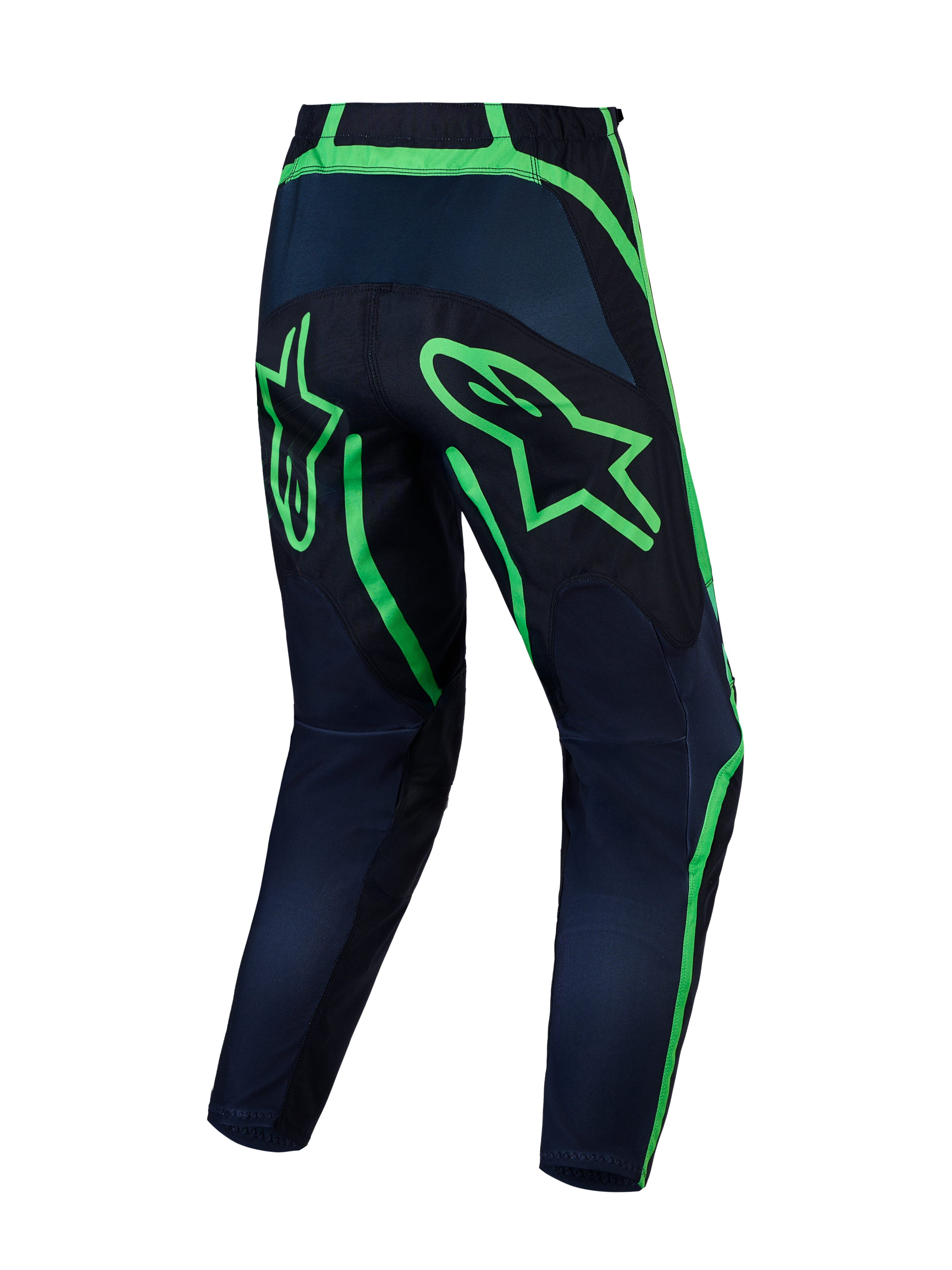 Alpinestars Fluid Apex V2, męskie spodnie motocrossowe, czarne i jaskrawozielone, widok od tyłu, trwały poliester 600D