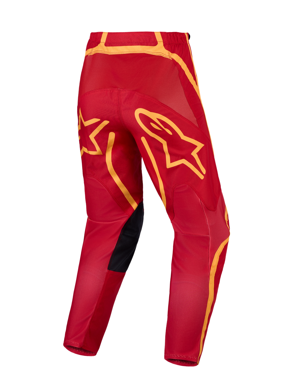 Alpinestars Fluid Apex V2, spodnie motocrossowe MX, czerwone i złote, wzmocnione siedzenie i duże grafiki z logo gwiazdy, widok z tyłu