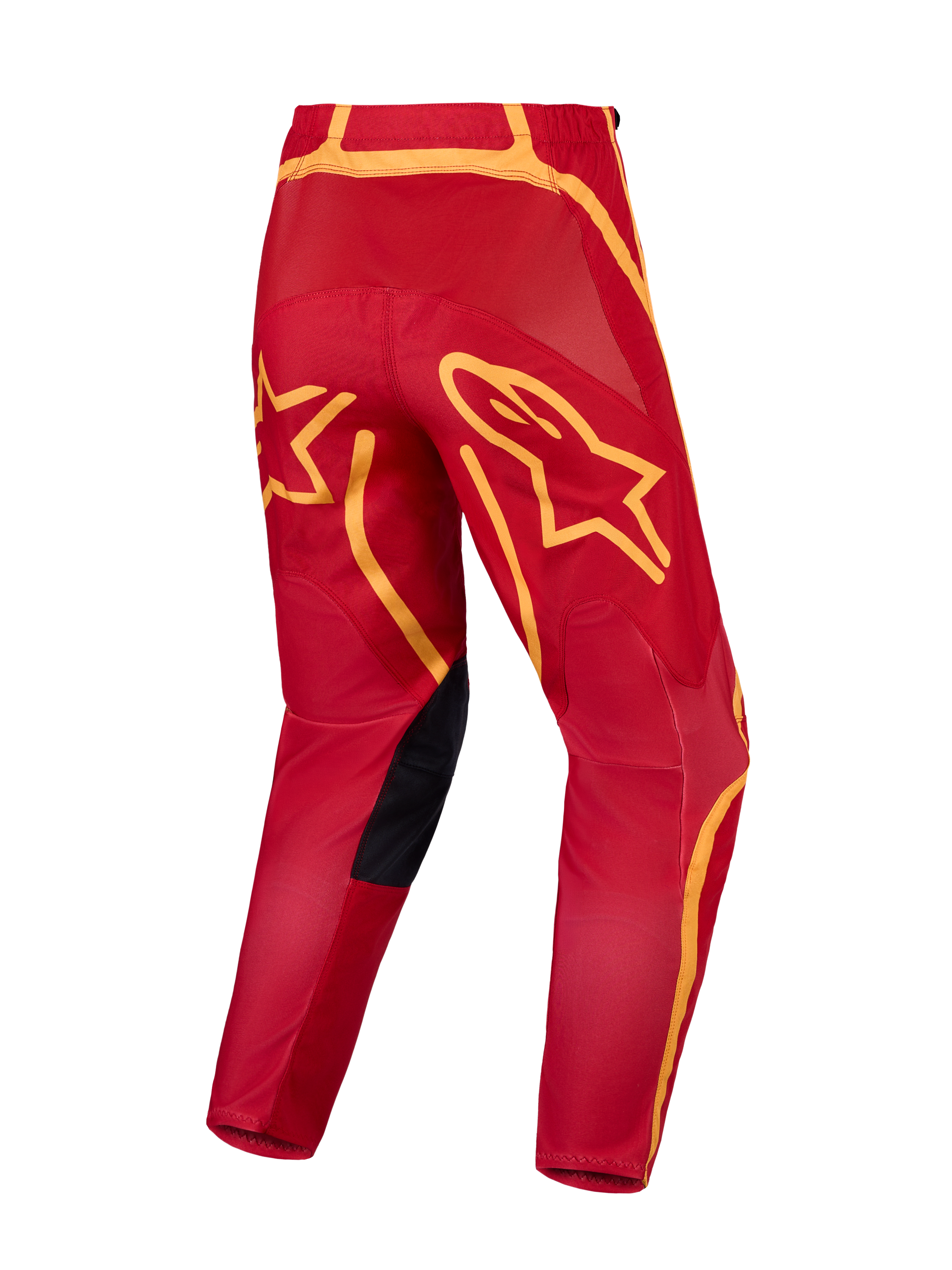 Alpinestars Fluid Apex V2, spodnie motocrossowe MX, czerwone i złote, wzmocnione siedzenie i duże grafiki z logo gwiazdy, widok z tyłu